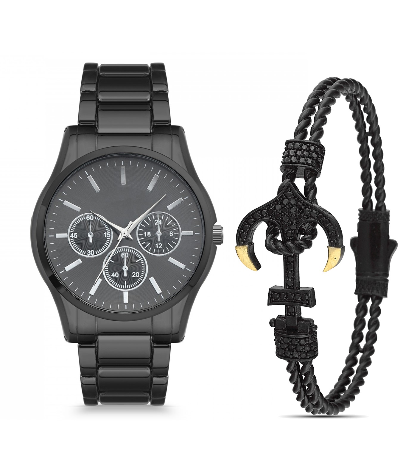 Forentina Erkek Siyah Metal Kol Saati Bileklik Kombin Set PS2551