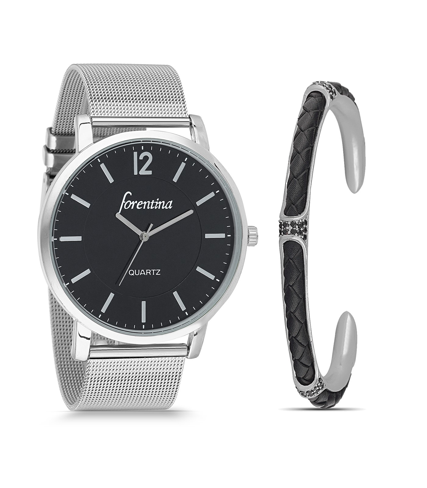 Forentina Erkek Gri Hasır Kol Saati - Deri Detaylı Bileklik PS2555