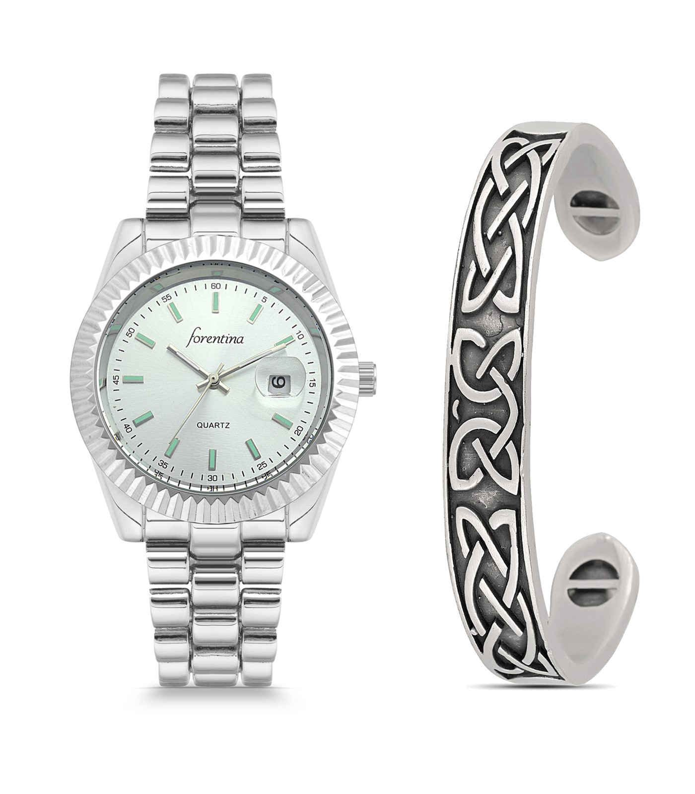 Forentina Erkek Gri Metal Kol Saati Bileklik Kombin Set PS2556