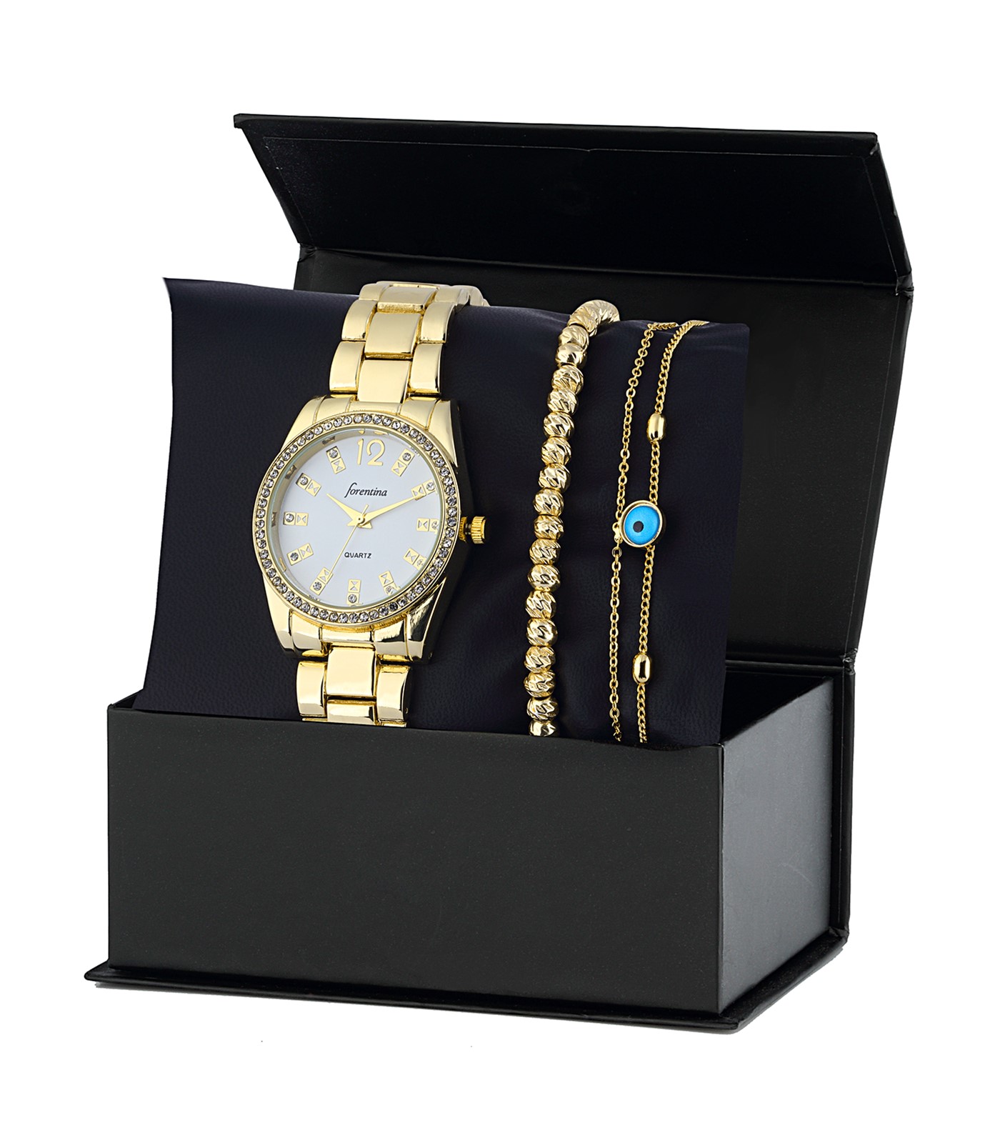 Forentina Sarı Metal Kol Saati Nazar Boncuk Bileklik Kombin PS2571