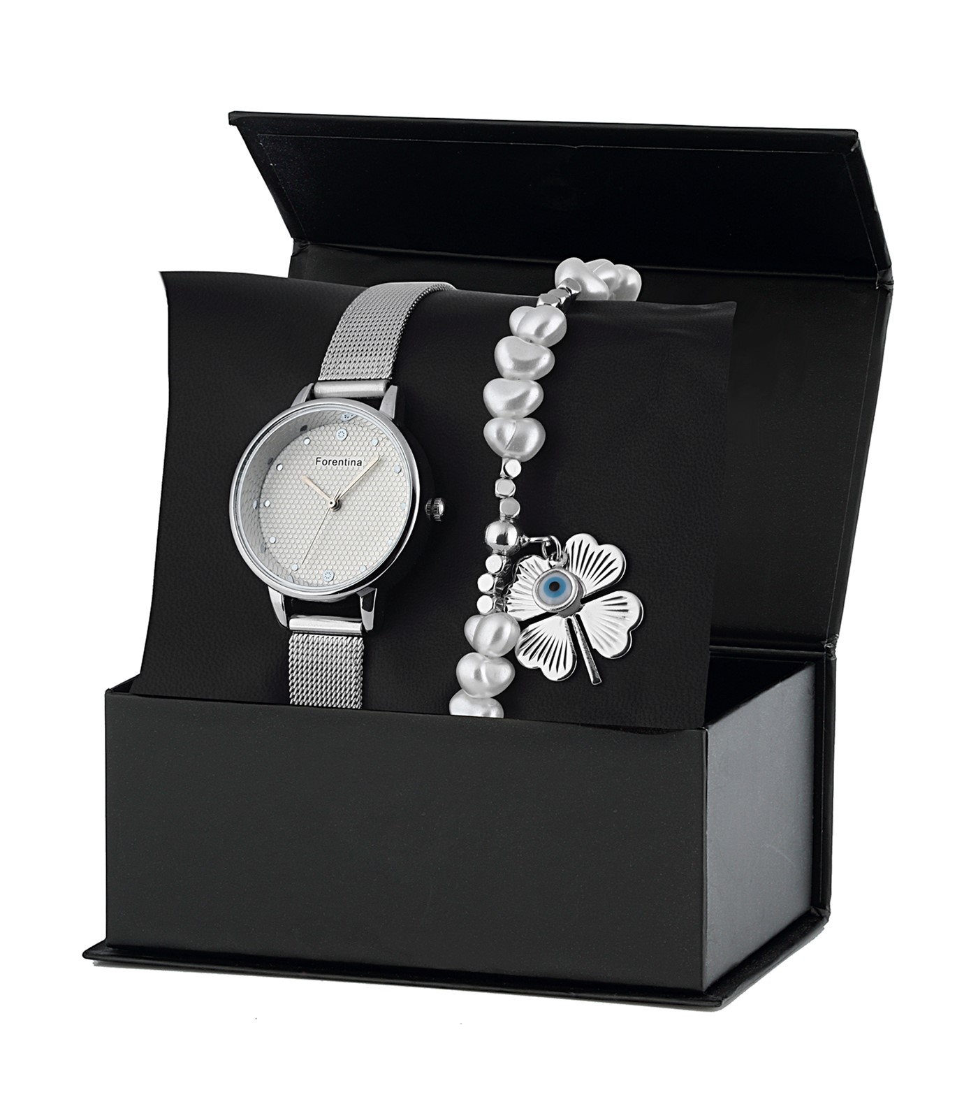 Forentina Gri Metal Kol Saati Yonca Bileklik Kombin Set PS2572