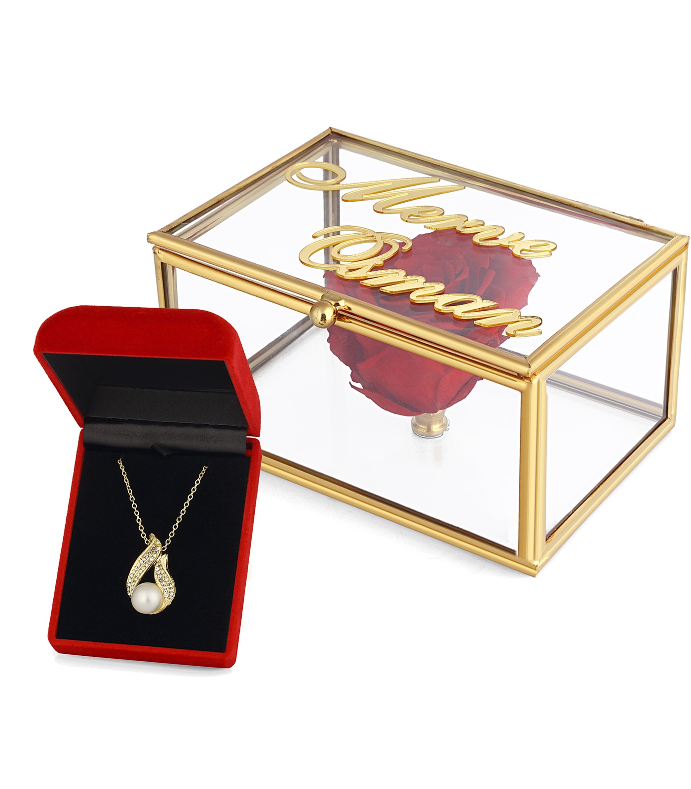 Forentina İnci Modeli Kolye Cam Kutu Solmayan Gül Kişiye Özel Yazı PS2594