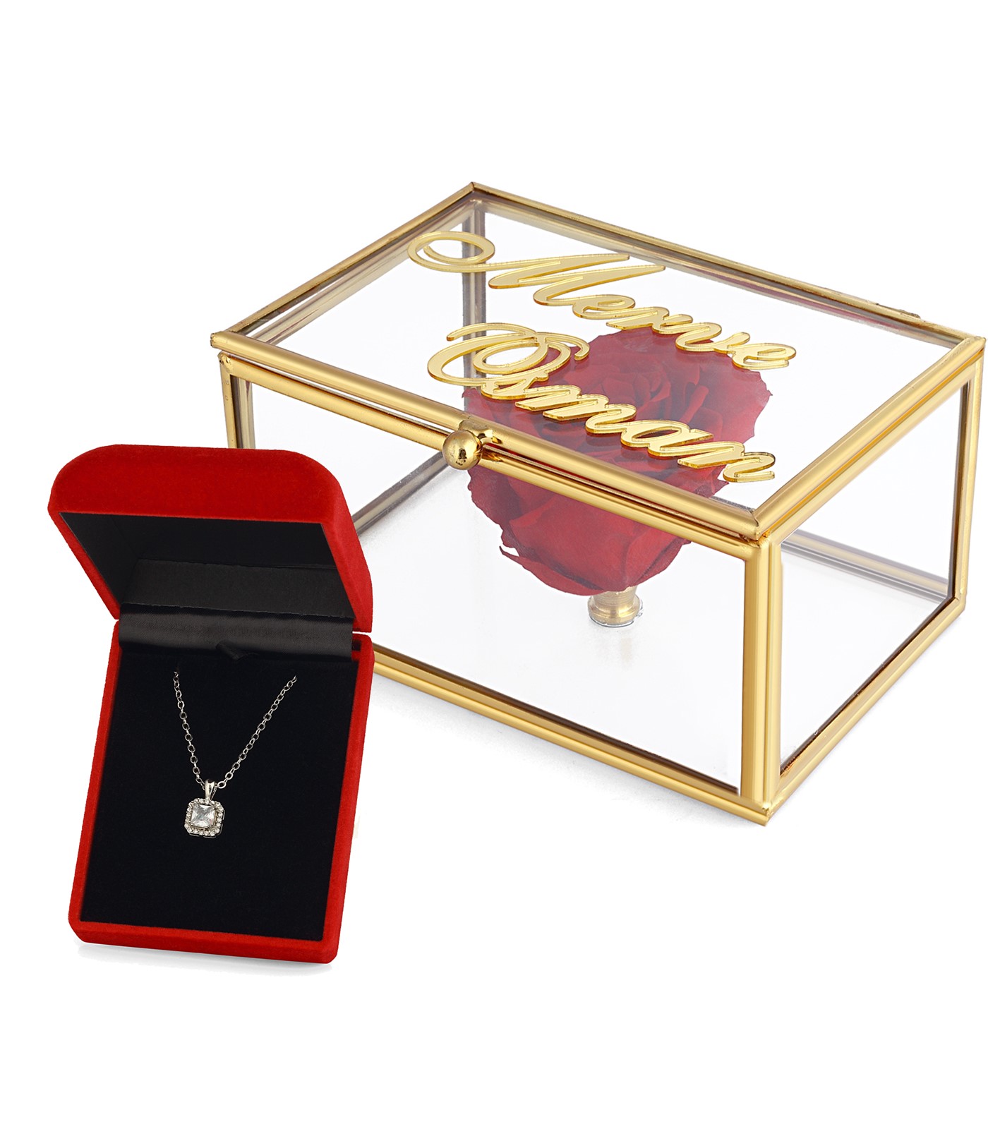 Forentina Tektaş Kolye Cam Kutu Solmayan Gül - Kişiye Özel Yazı PS2595