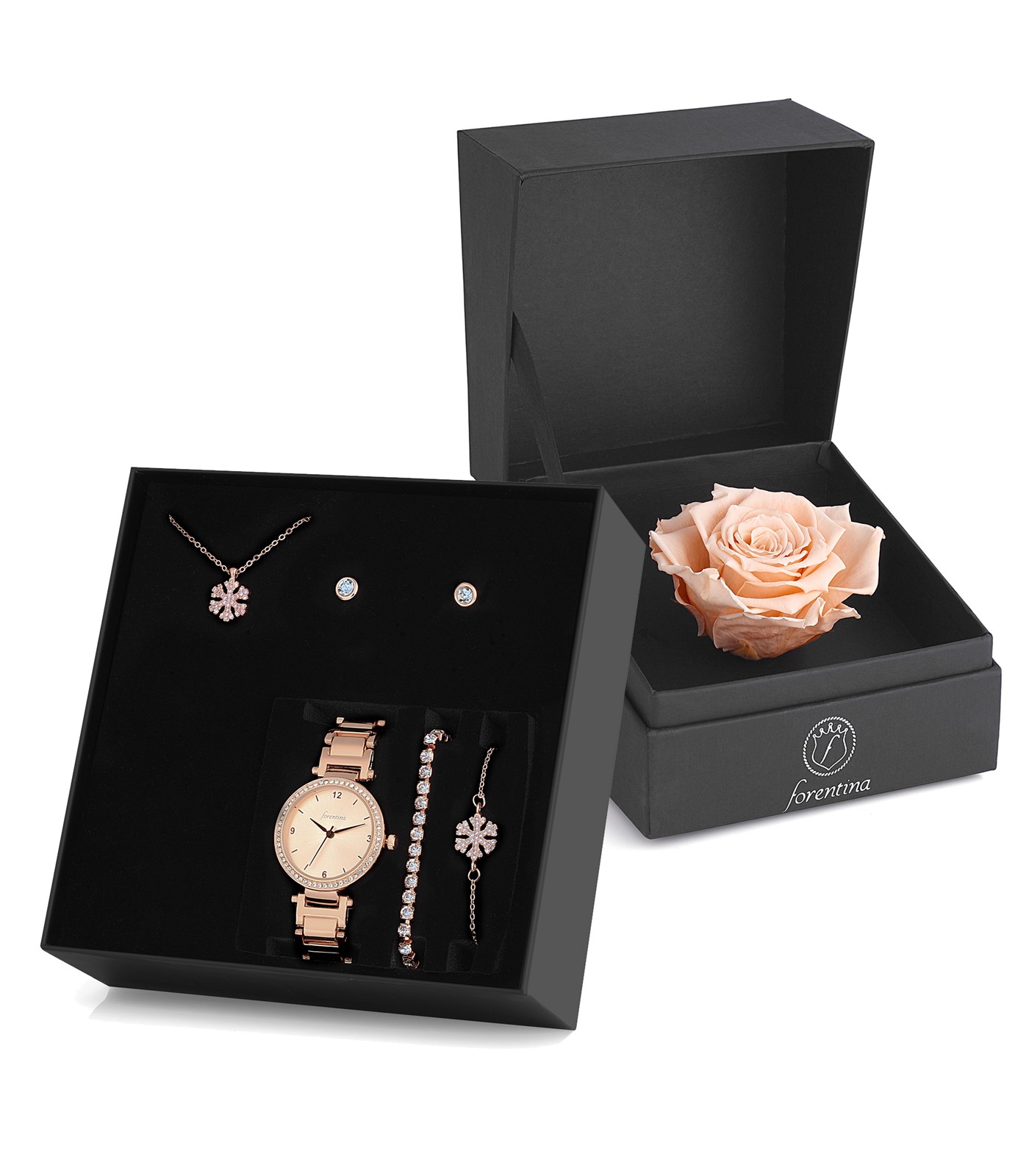 Forentina Rose Kar Tanesi Takı Seti Saat - Rose Solmayan Gül Hediye Set PS2603