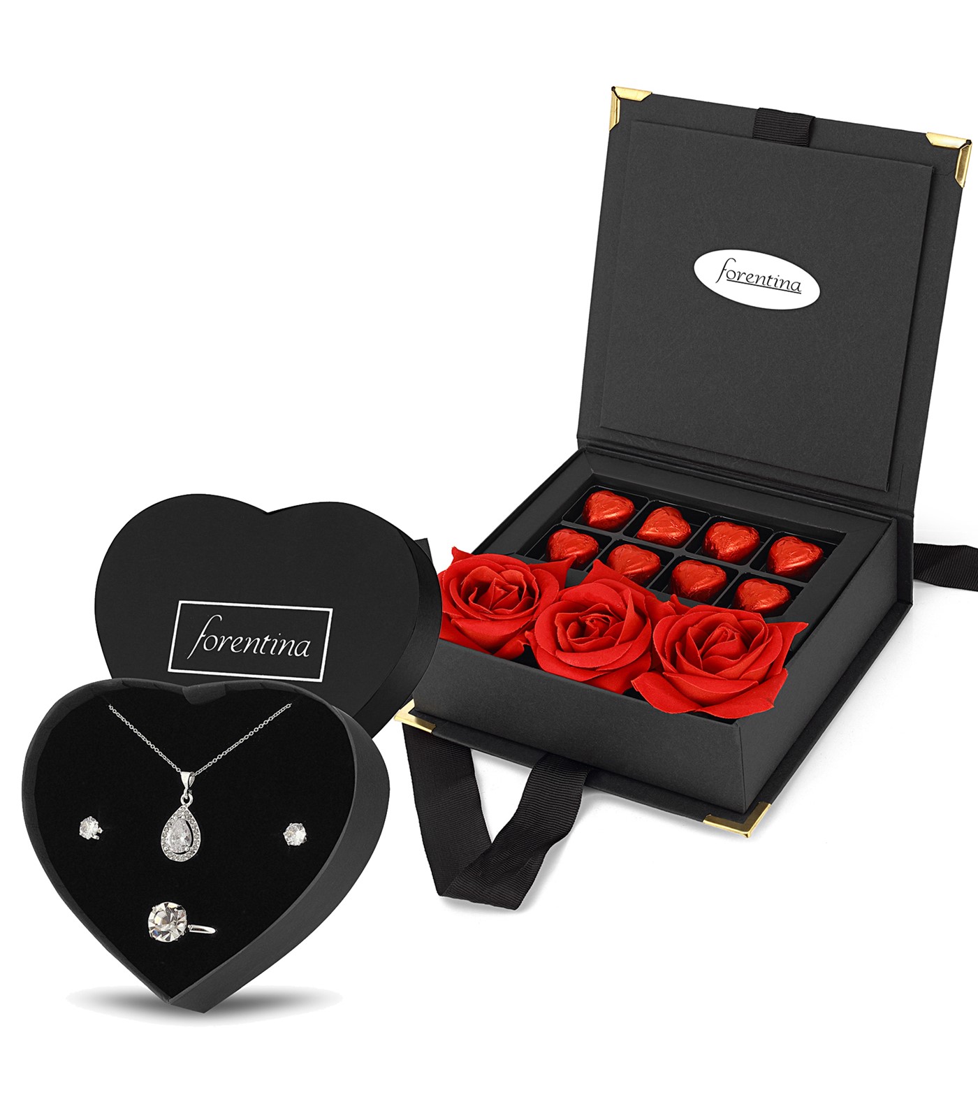 Forentina Zirkon Taşlı Takı Seti Çikolata & Kadife Kırmızı Gül Hediye Set PS2604