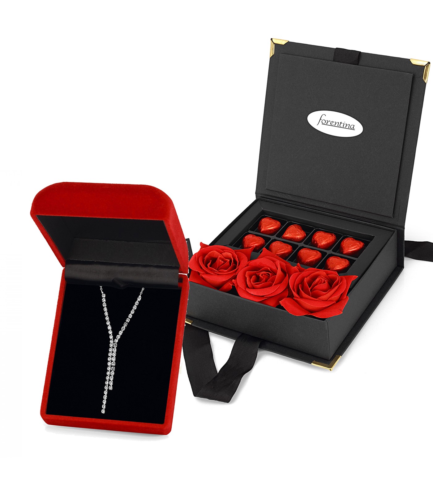 Forentina Gümüş Kaplama Su Yolu Kolye Çikolata & Kadife Kırmızı Gül Hediye Set PS2605