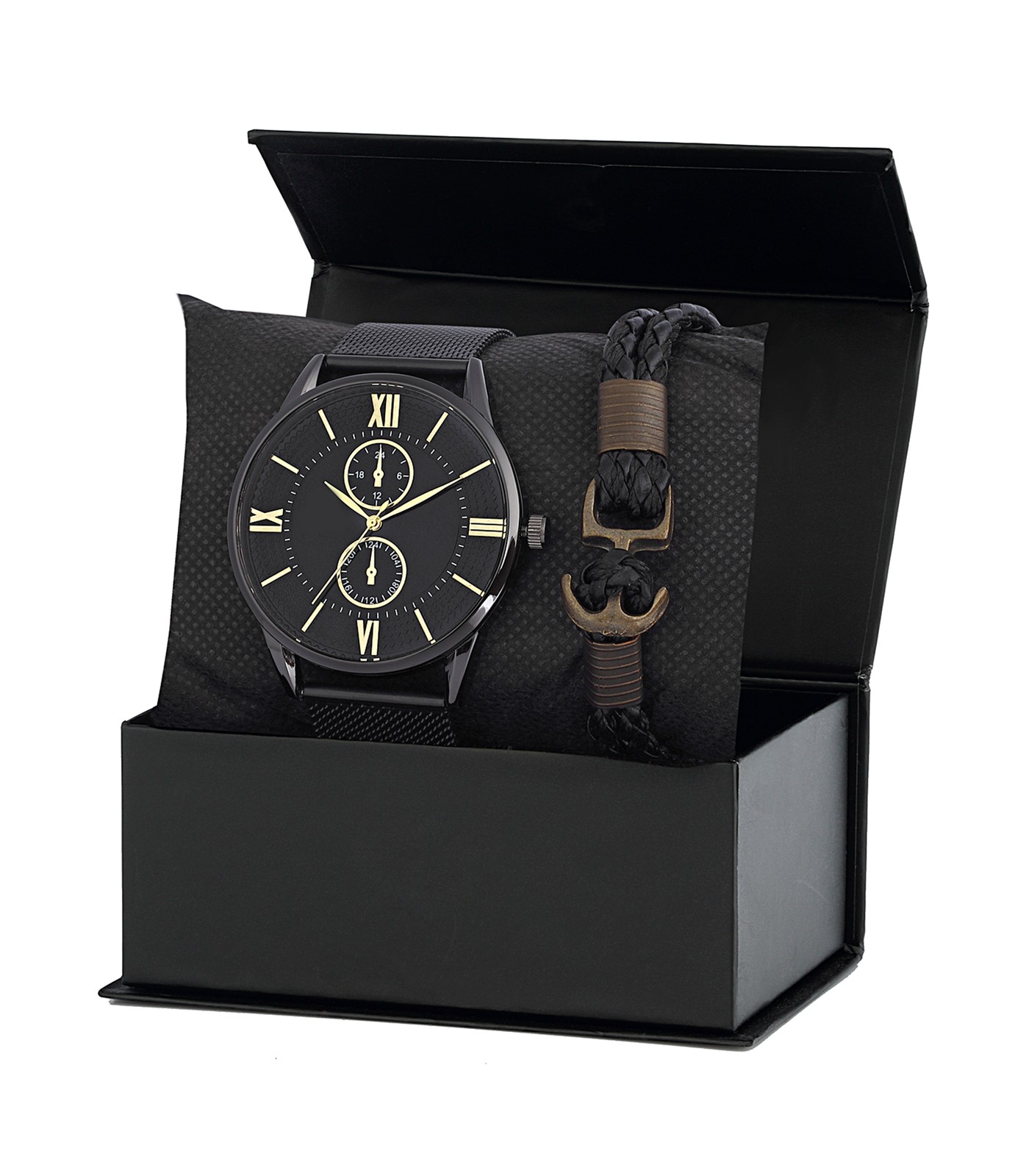 Forentina Siyah Hasır Kol Saati Bileklik Kombin Set PS2609