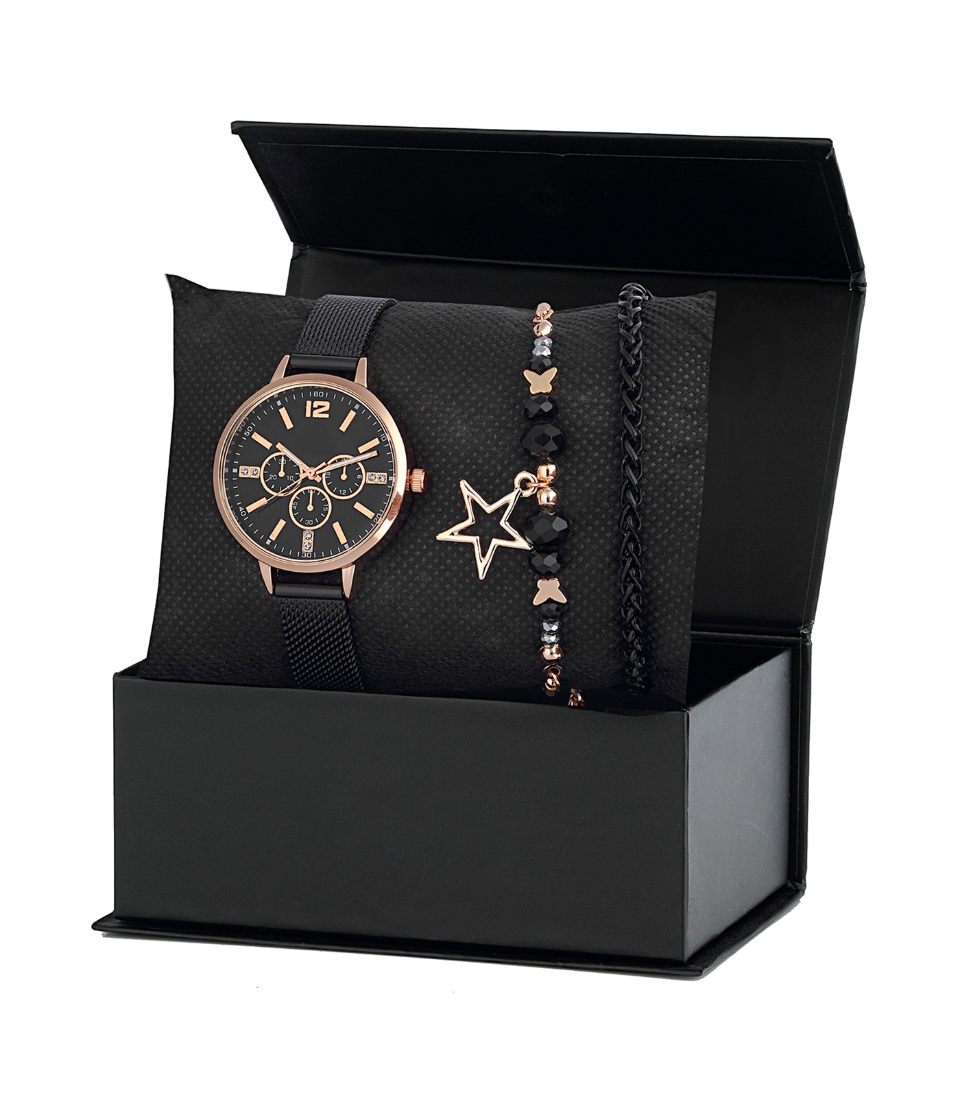 Forentina Siyah Hasır Bayan Kol Saati Bileklik Kombin Seti PS2612