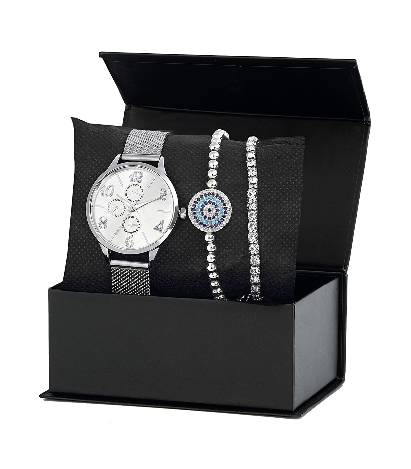 Forentina Gri Hasır Bayan Kol Saati Nazar Boncuk Bileklik Kombin Set PS2616