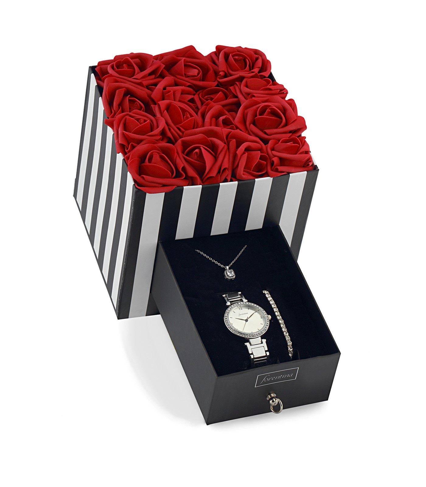 Forentina Kırmızı Güllü Kutuda Tektaş Kolye Bileklik Saat Set PS2629