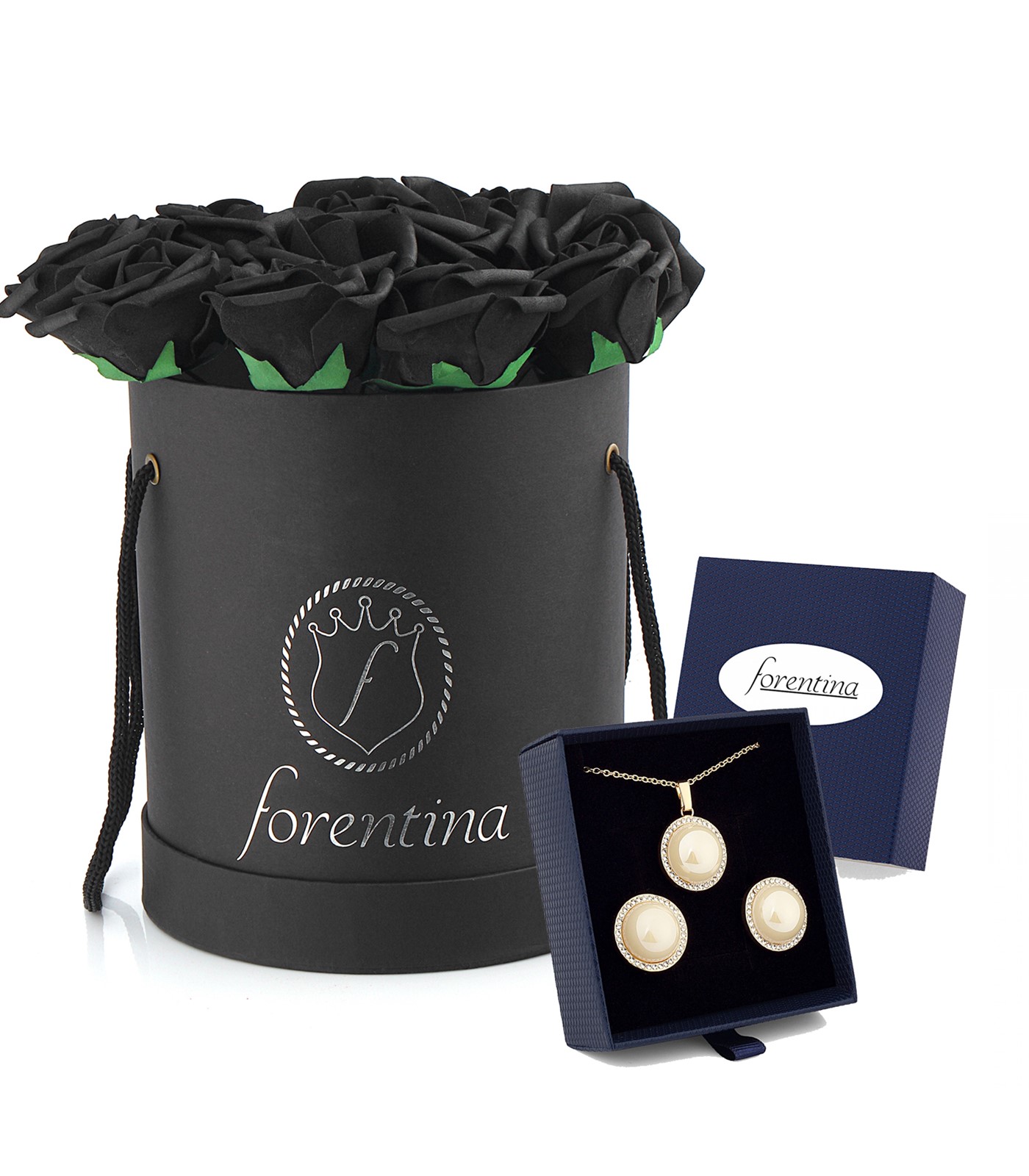 Forentina İnci Takı Seti Siyah Güllü Kutu Hediye Set PS2633