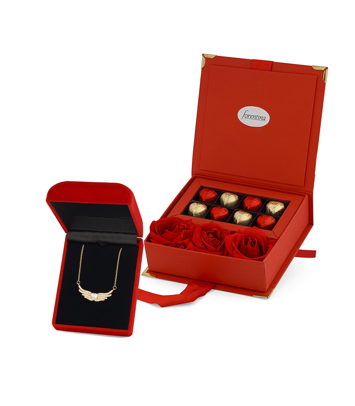 Forentina Melek Kolye Çikolata & Kadife Kırmızı Gül Hediye Set PS2635