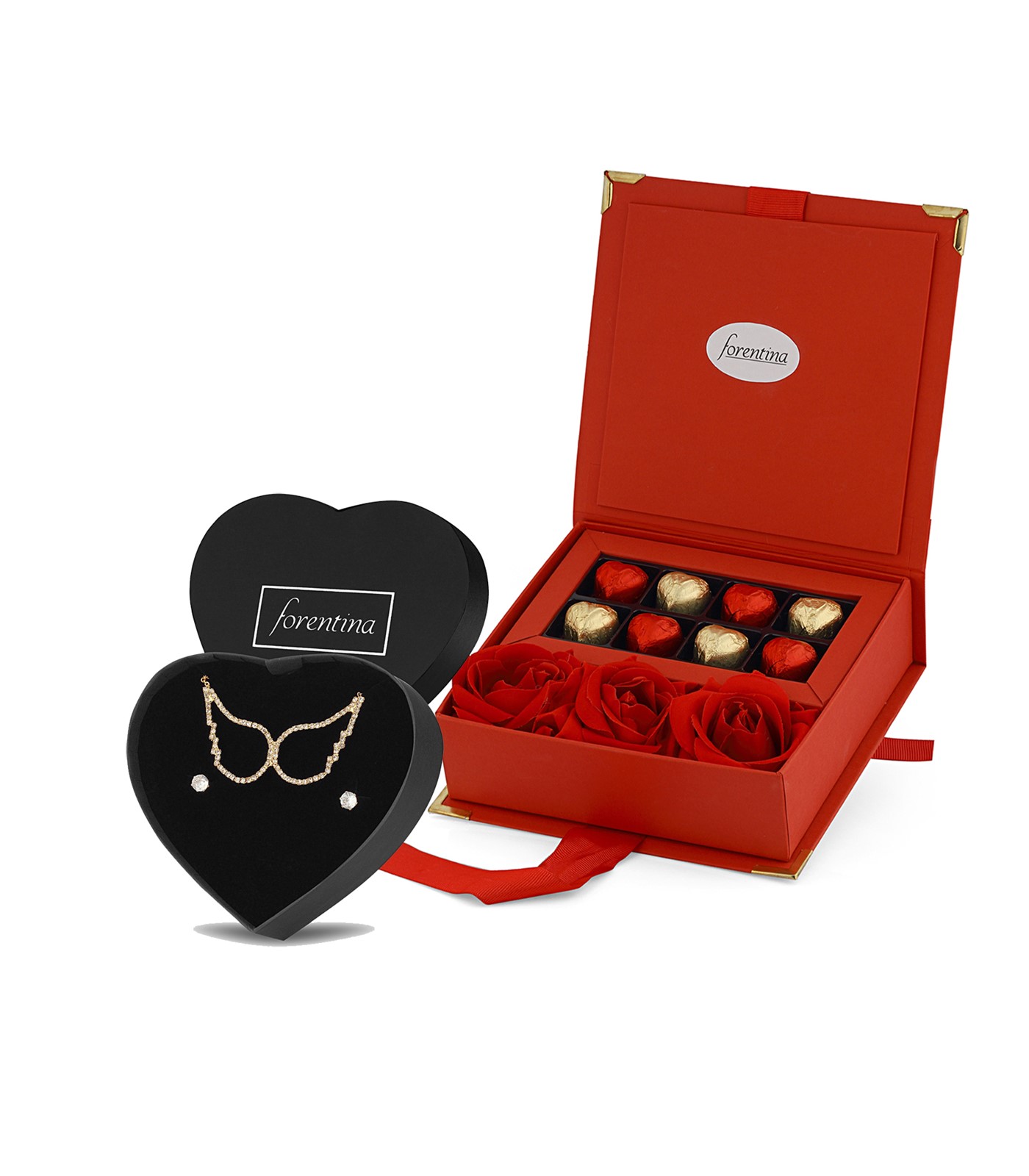 Forentina Melek Kanadı Kolye Küpe Çikolata & Kadife Kırmızı Gül Hediye Set PS2636