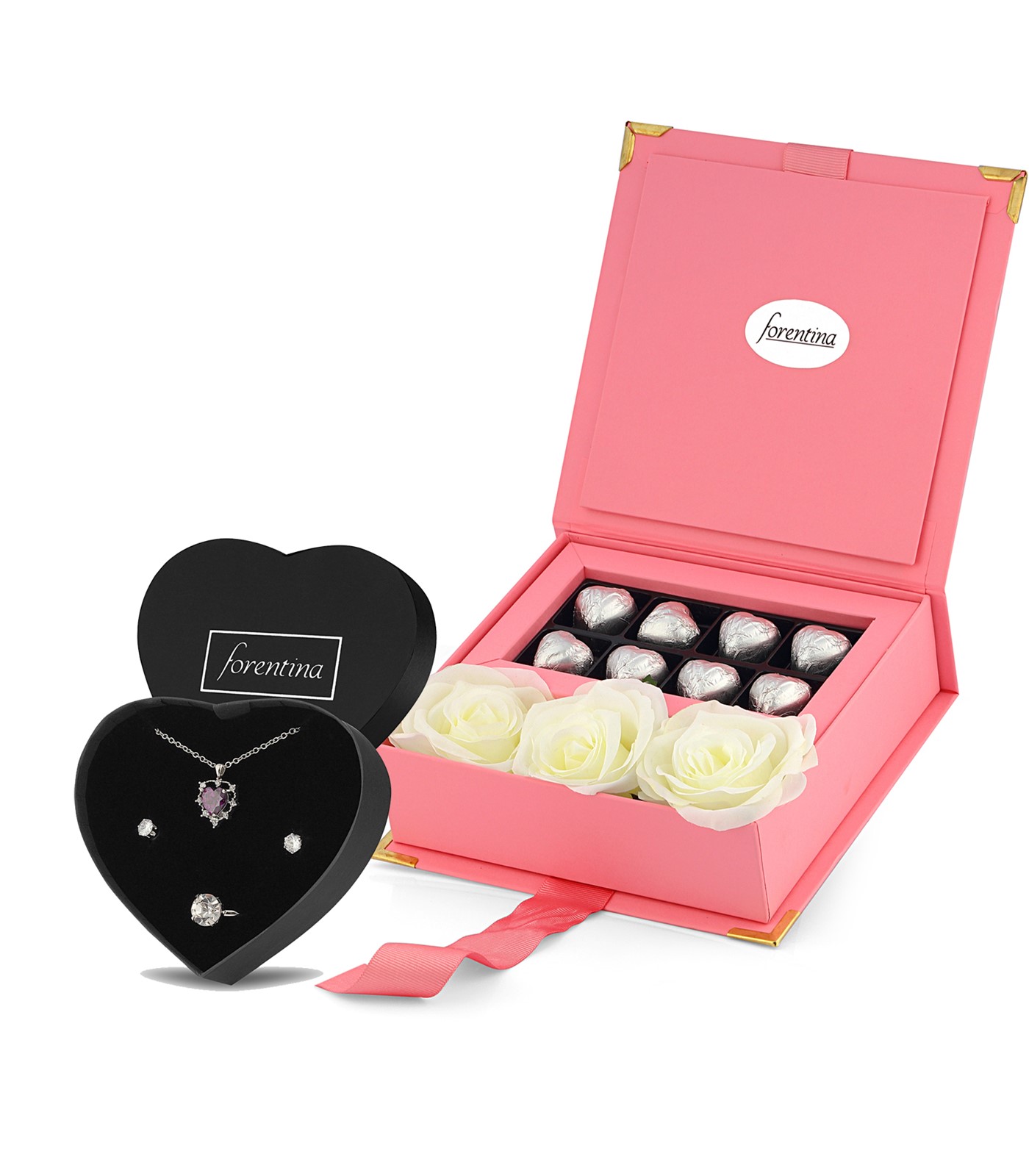 Forentina Zirkon Mor Taşlı Takı Seti Çikolata & Kadife Beyaz Gül Hediye Set  PS2639