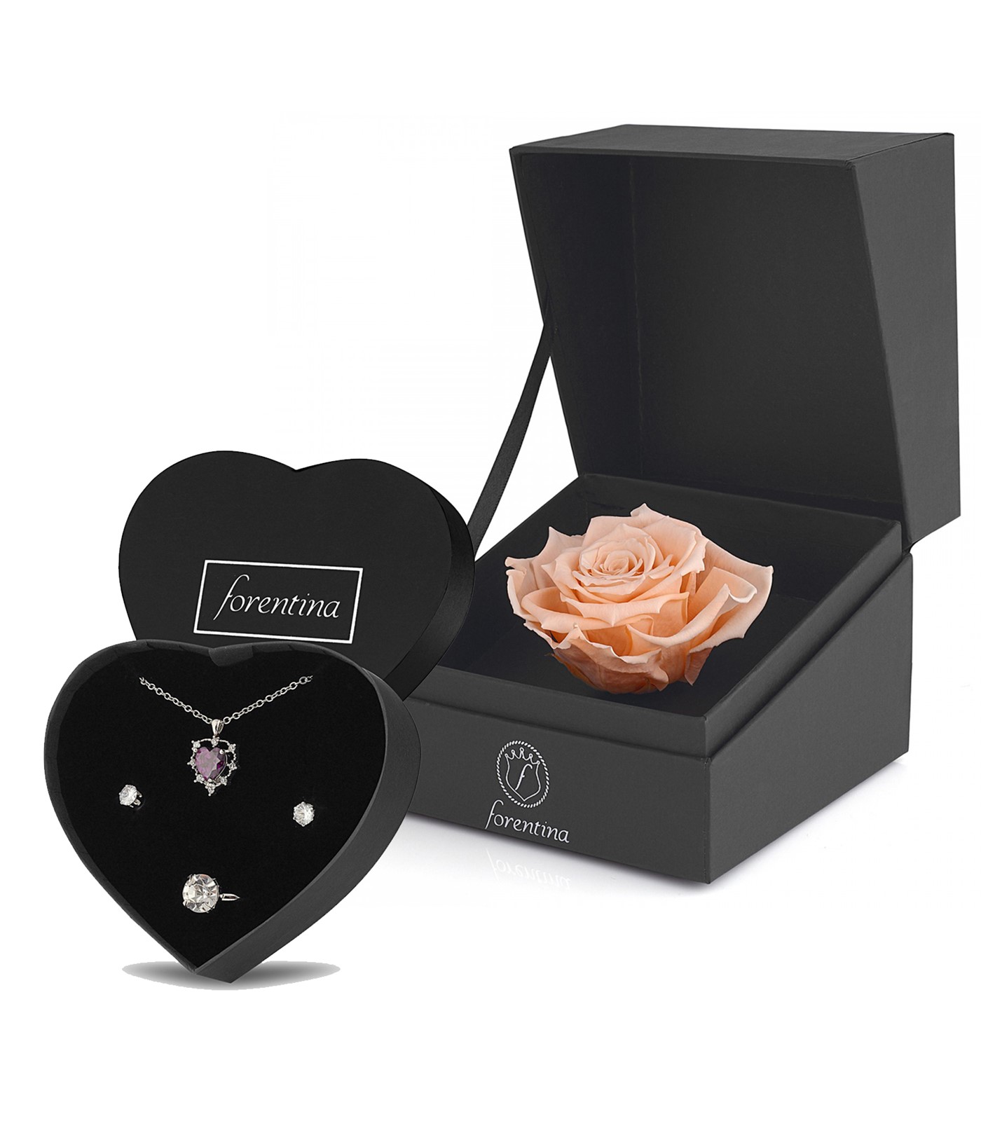 Forentina Mor Taşlı Kalp Kolye Takı Seti & Rose Solmayan Gül Hediye Set PS2653