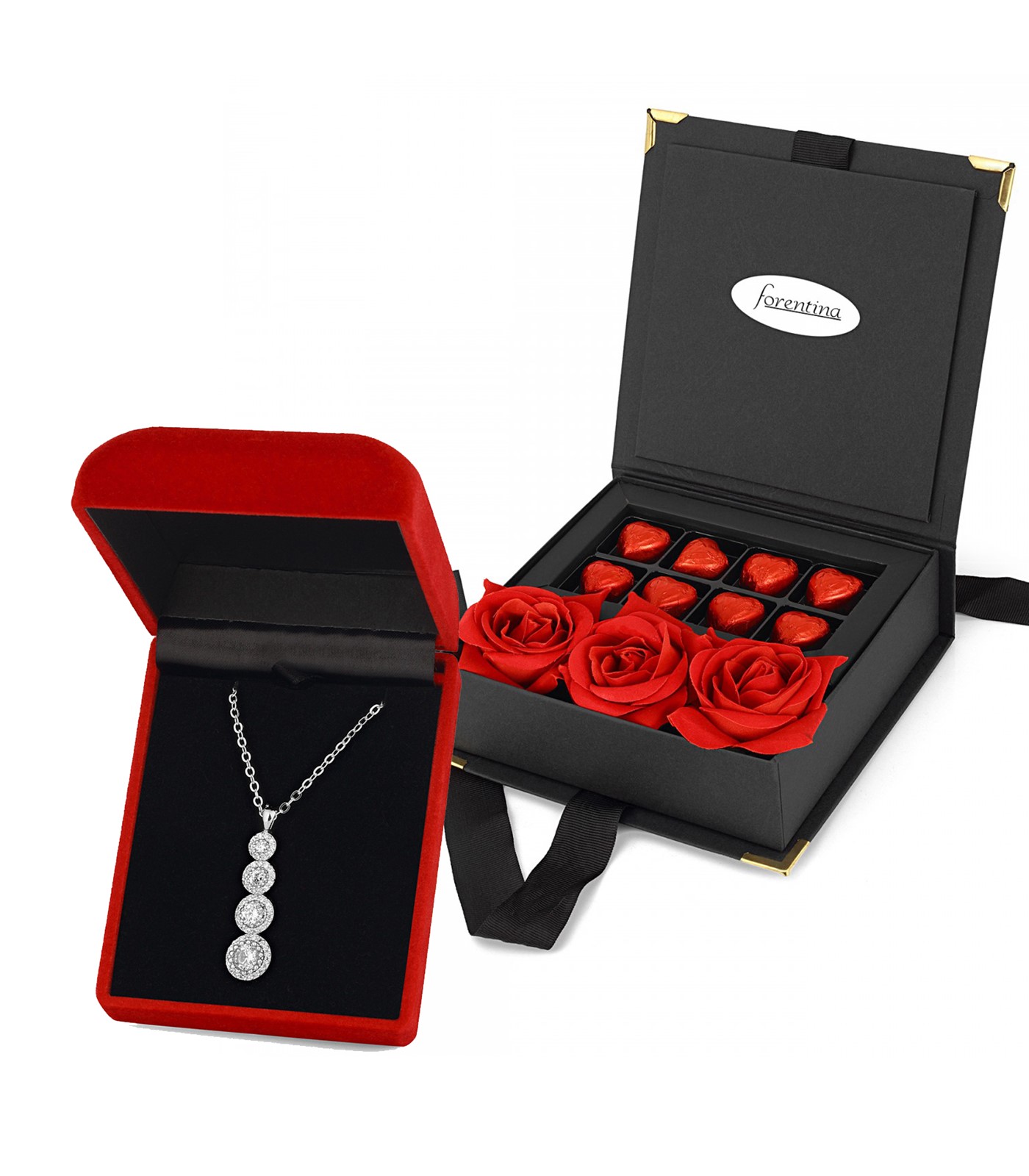 Forentina Gümüş Kaplama Tria Kolye Çikolata & Kadife Kırmızı Gül Hediye Set PS2655