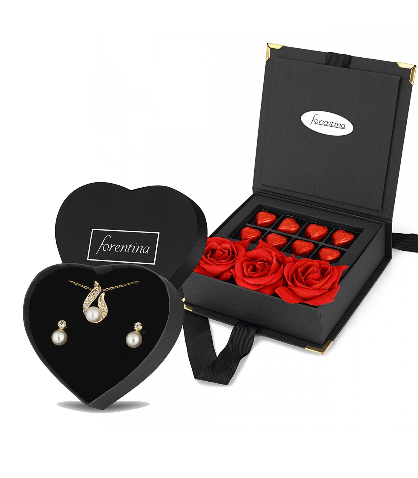 Forentina İnci Modeli Takı Seti Çikolata & Kadife Kırmızı Gül Hediye Set PS2658