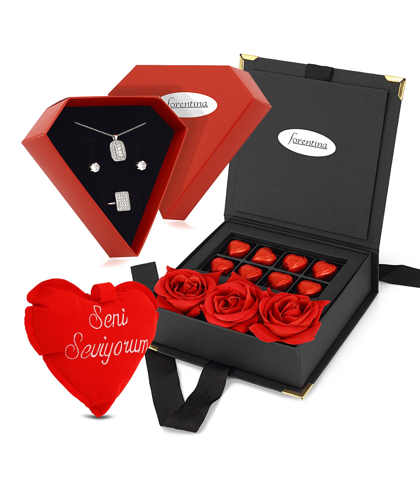 Forentina Zirkon Taşlı Takı Seti - Kalpli Yastık - Çikolata & Kadife Kırmızı Gül Hediye Set PS2661