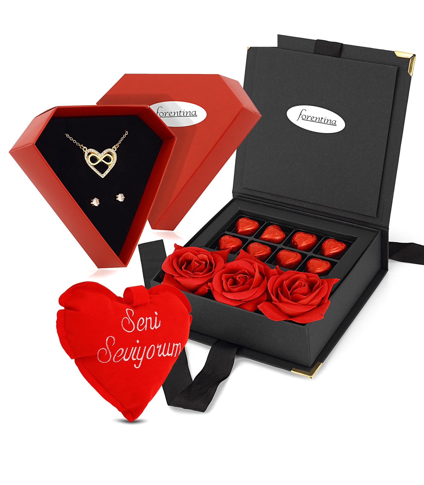 Forentina Sonsuzluk Takı Seti - Kalpli Yastık - Çikolata & Kadife Kırmızı Gül Hediye Set PS2662
