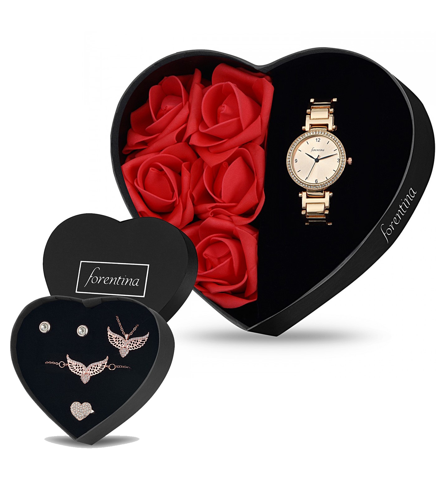Forentina Kırmızı Güllü Kutuda Rose Metal Bayan Kol Saati - Melek Kanadı Takı Seti PS2678