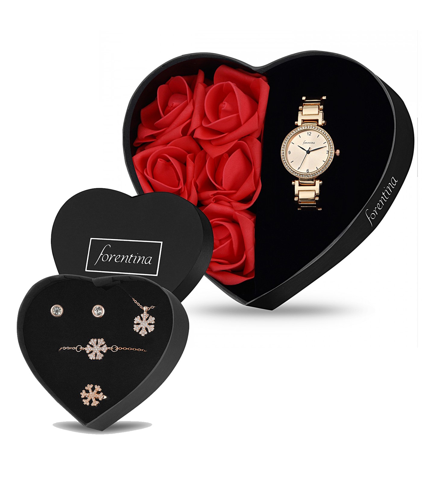 Forentina Kırmızı Güllü Kutuda Rose Metal Bayan Kol Saati - Kar Tanesi Takı Seti  PS2680