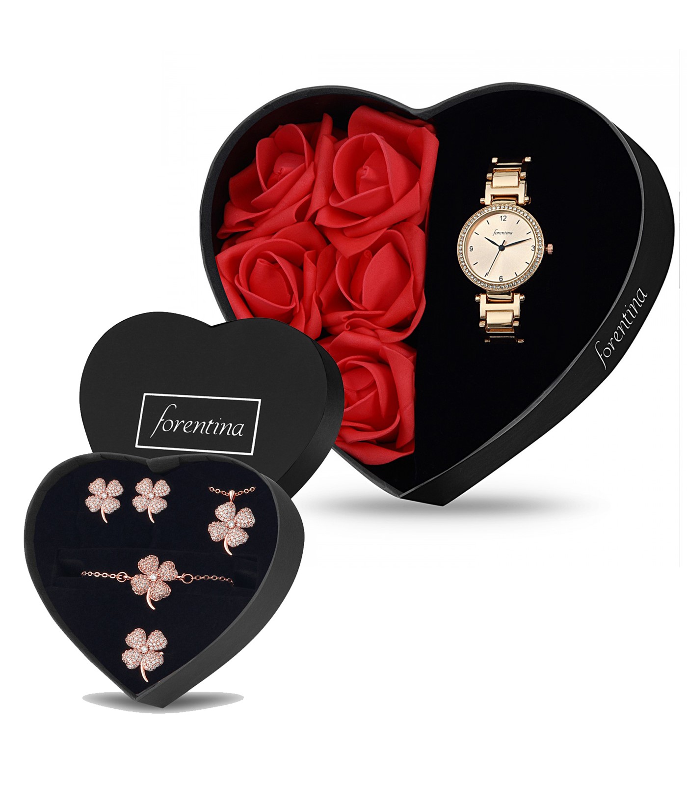Forentina  Kırmızı Güllü Kutuda Rose Metal Bayan Kol Saati - Yonca Yaprağı Takı Seti PS2681