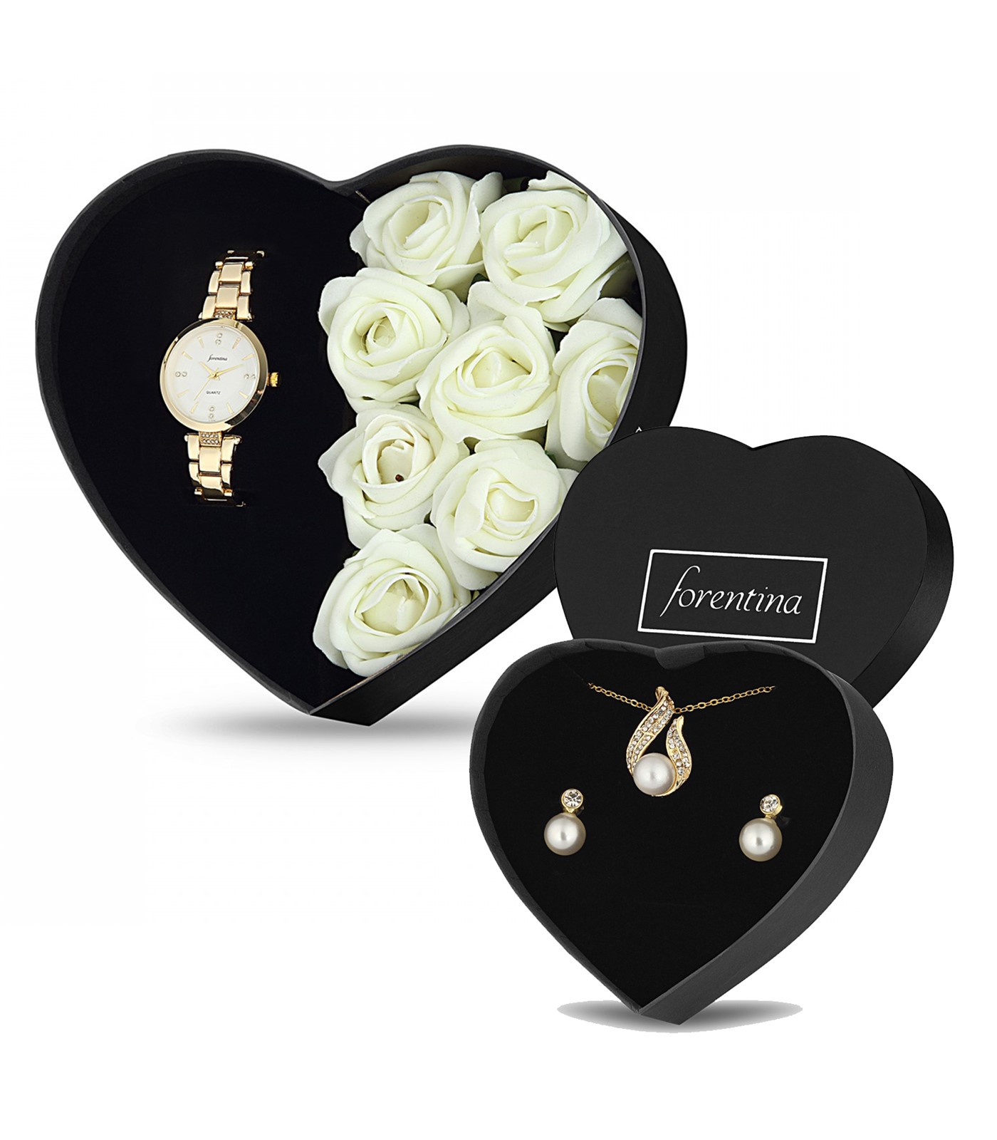 Forentina Beyaz Güllü Kutuda Sarı Metal Bayan Kol Saati - İnci Modeli Takı Seti PS2683