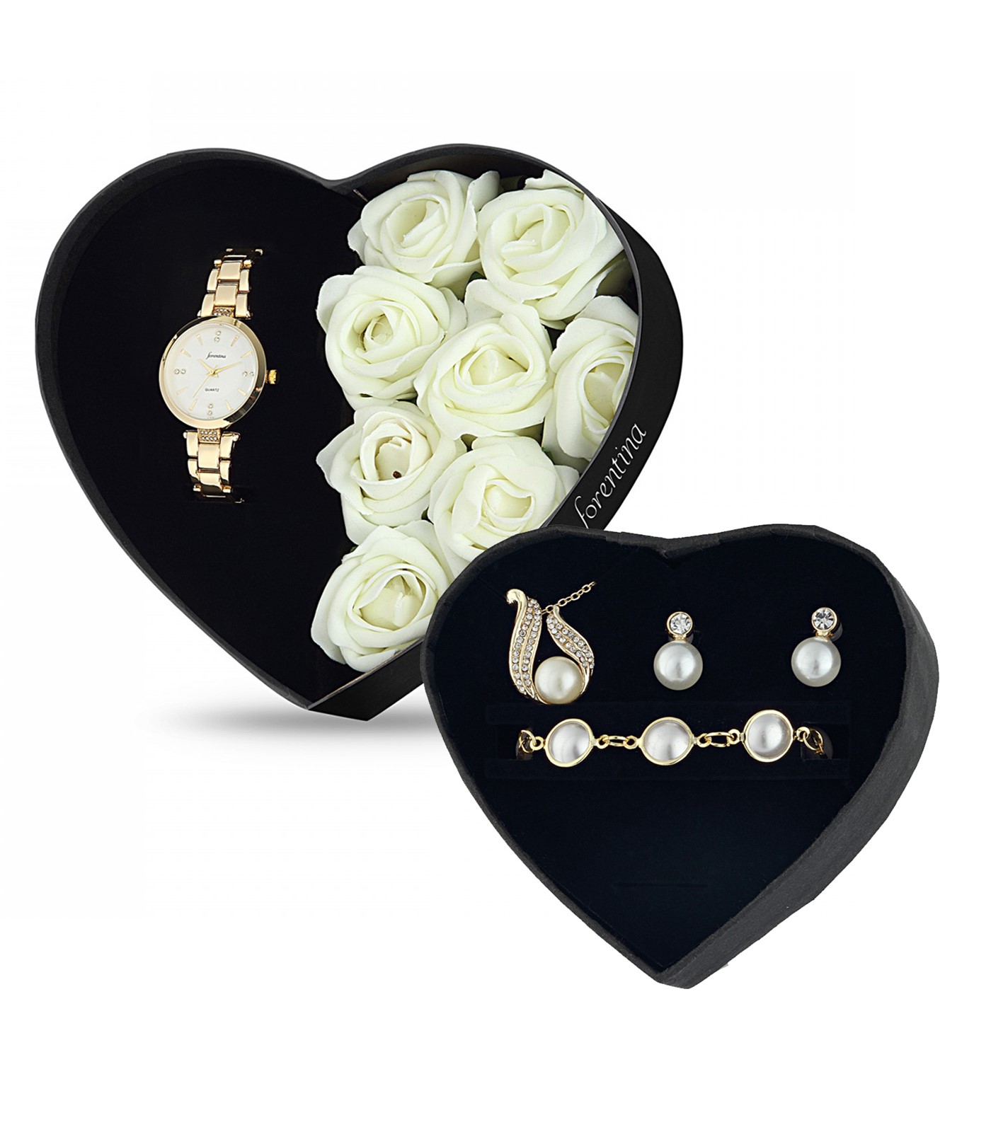 Forentina Beyaz Güllü Kutuda Sarı Metal Bayan Kol Saati - İnci Takı Seti  PS2684