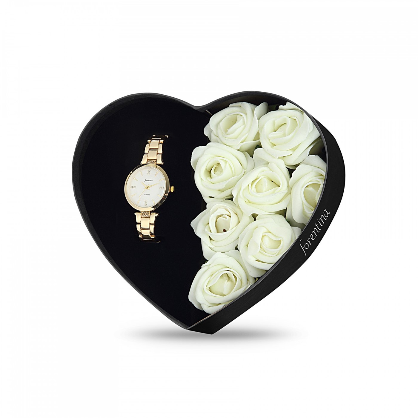 Forentina Beyaz Güllü Kutuda Sarı Metal Bayan Kol Saati - İnci Takı Seti  PS2684