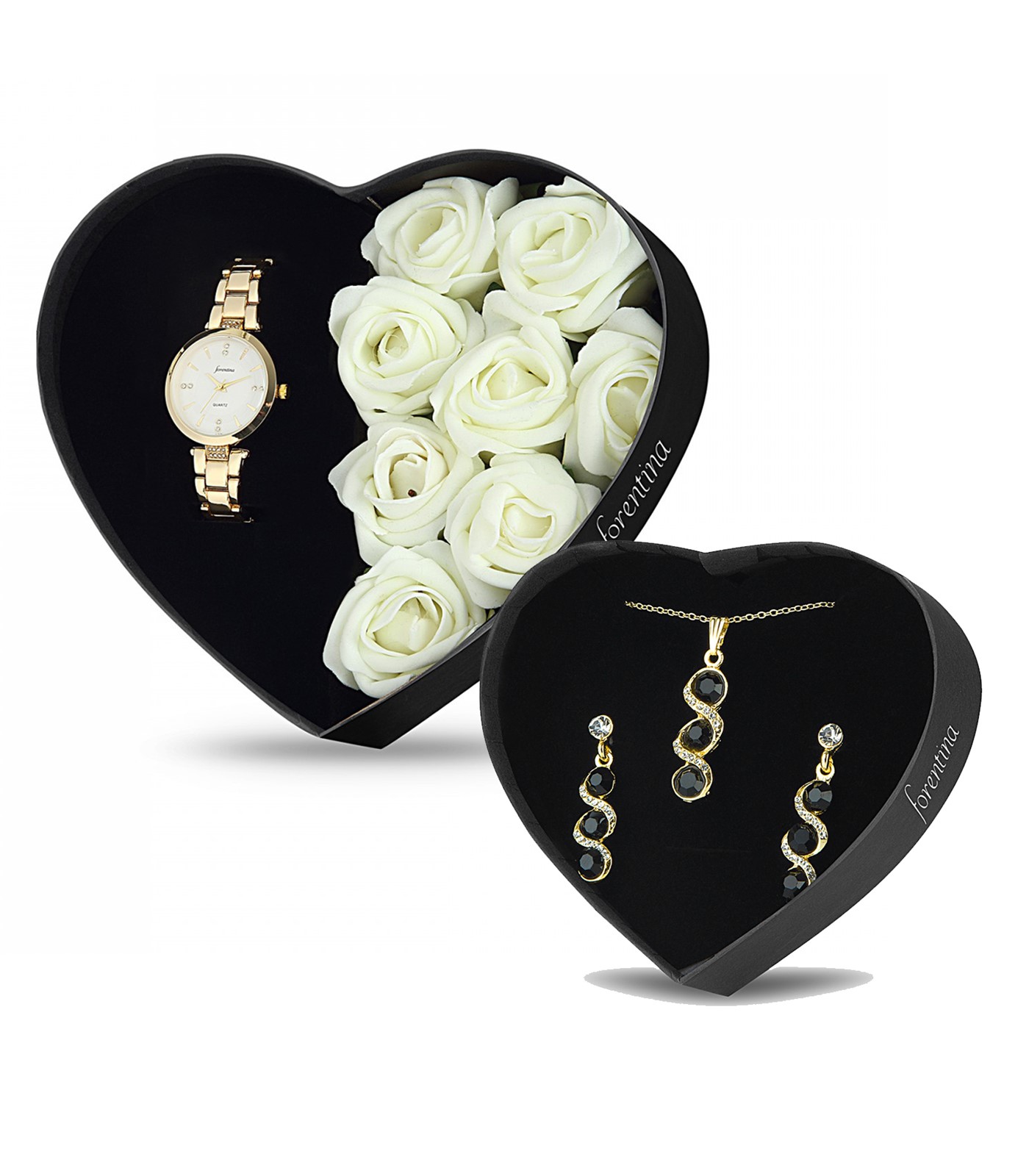 Forentina Beyaz Güllü Kutuda Sarı Metal Bayan Kol Saati - Siyah Tria Takı Seti PS2685