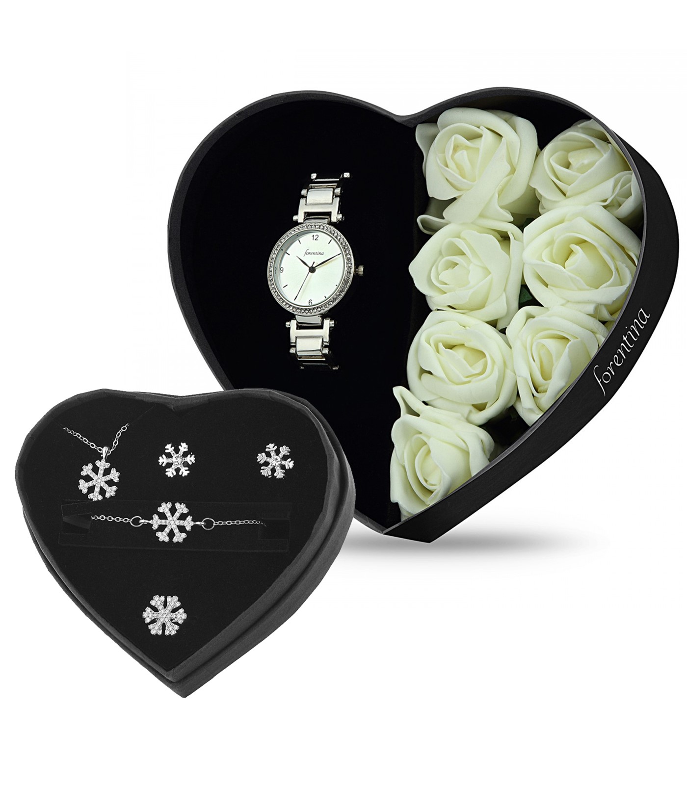 Forentina Beyaz Güllü Kutuda Beyaz Metal Bayan Kol Saati - Kar Tanesi Takı Seti  PS2686