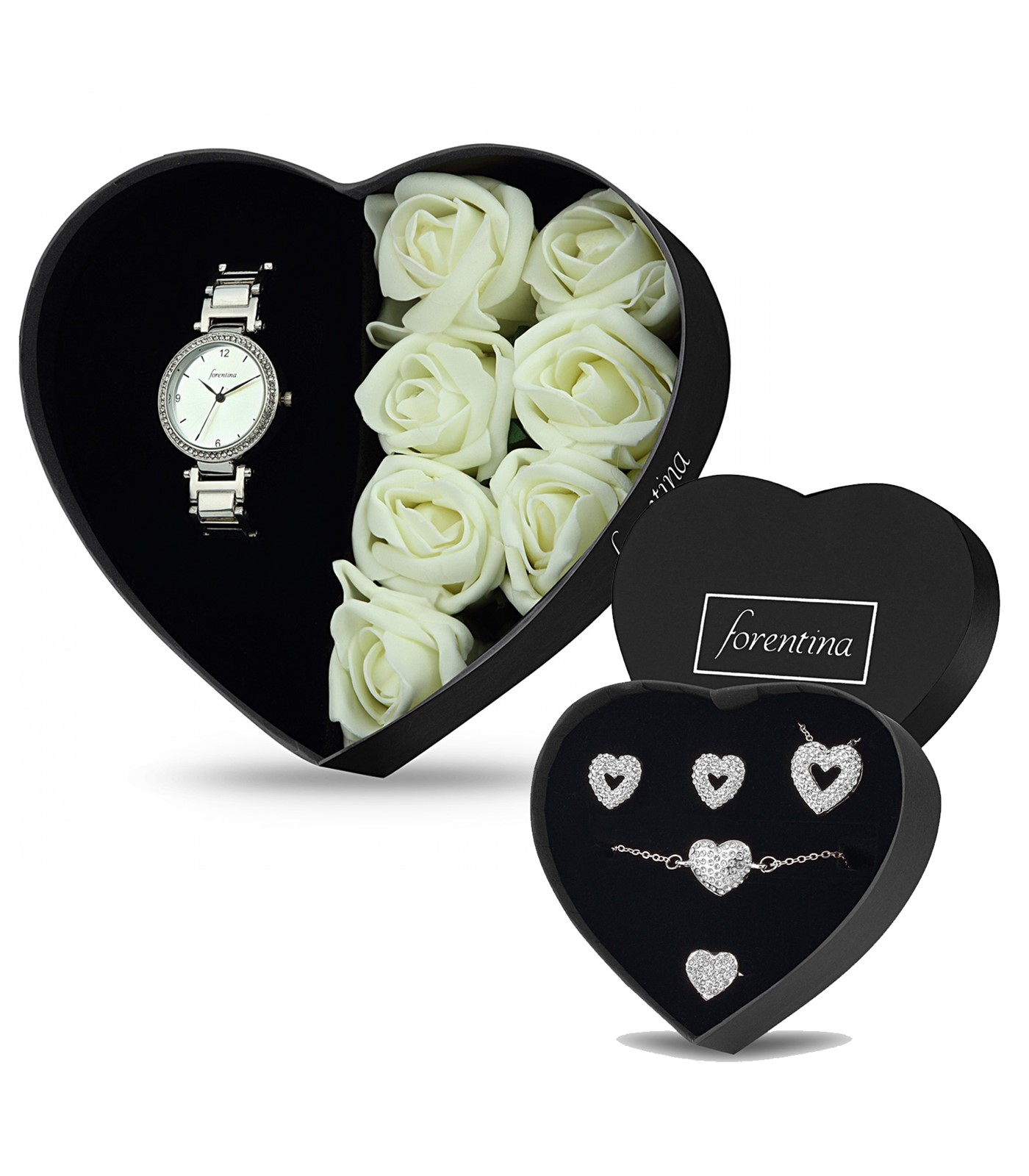 Forentina Beyaz Güllü Kutuda Beyaz Metal Bayan Kol Saati - Kalpli Takı Seti PS2687