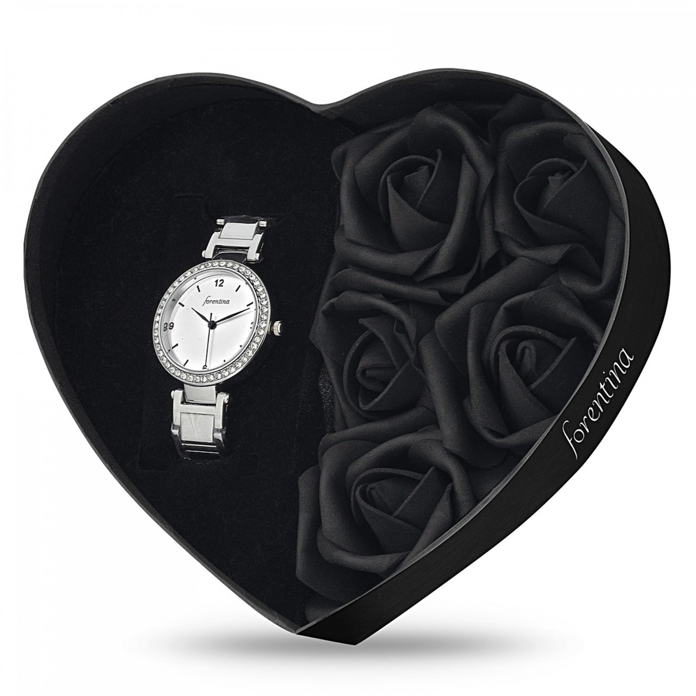 Forentina Siyah Güllü Kutuda Beyaz Metal Bayan Kol Saati - Tria Takı Seti PS2688