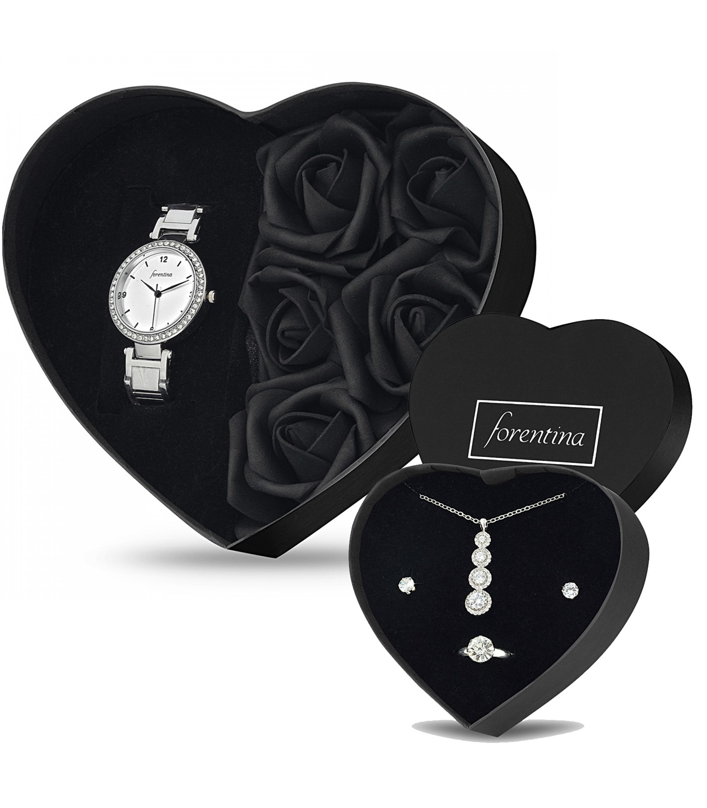 Forentina Siyah Güllü Kutuda Beyaz Metal Bayan Kol Saati - Tria Takı Seti PS2688