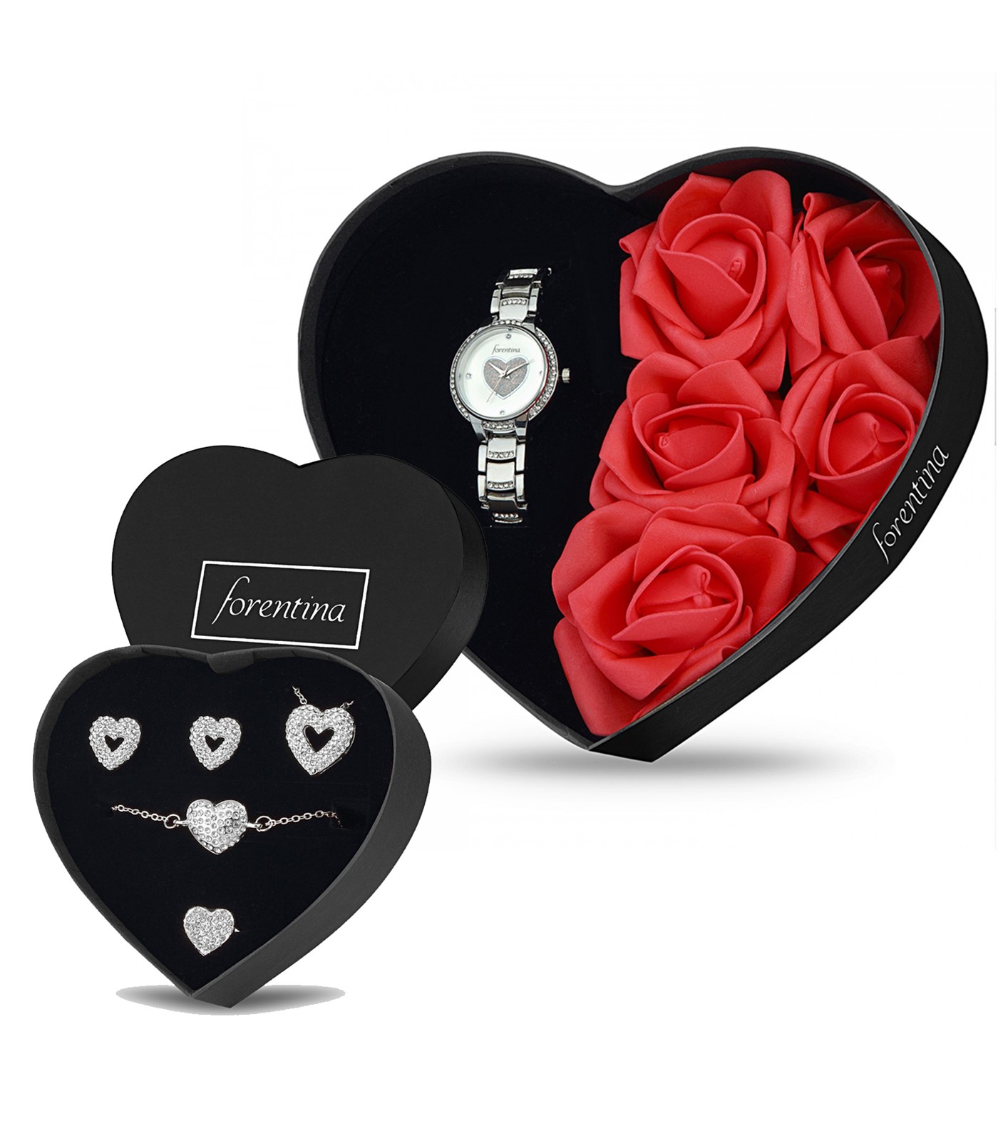 Forentina Beyaz Güllü Kutuda Kalpli Bayan Kol Saati - Kalpli Takı Seti PS2692