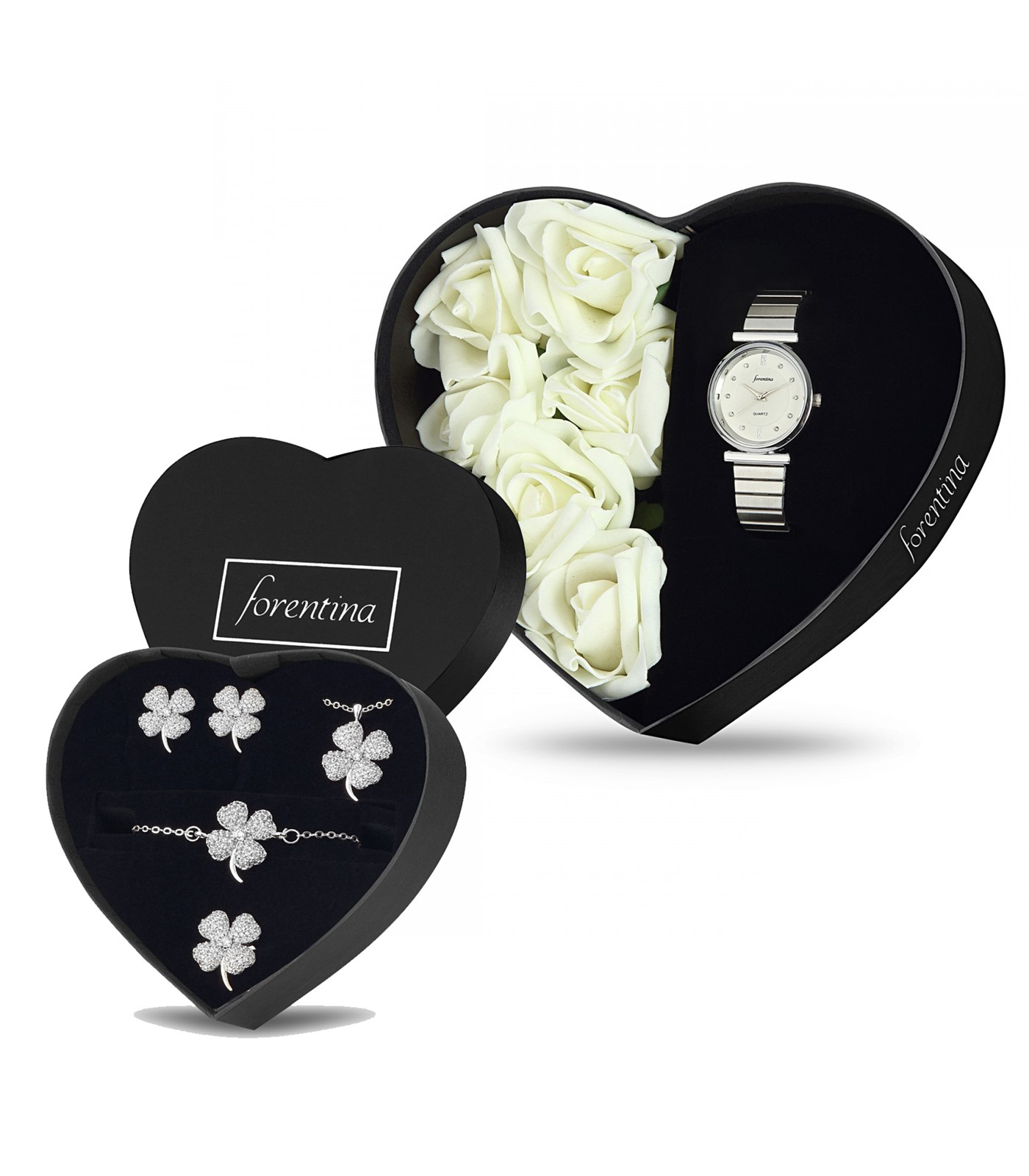 Forentina Beyaz Güllü Kutuda Beyaz Bayan Kol Saati - Yonca Takı Seti PS2693