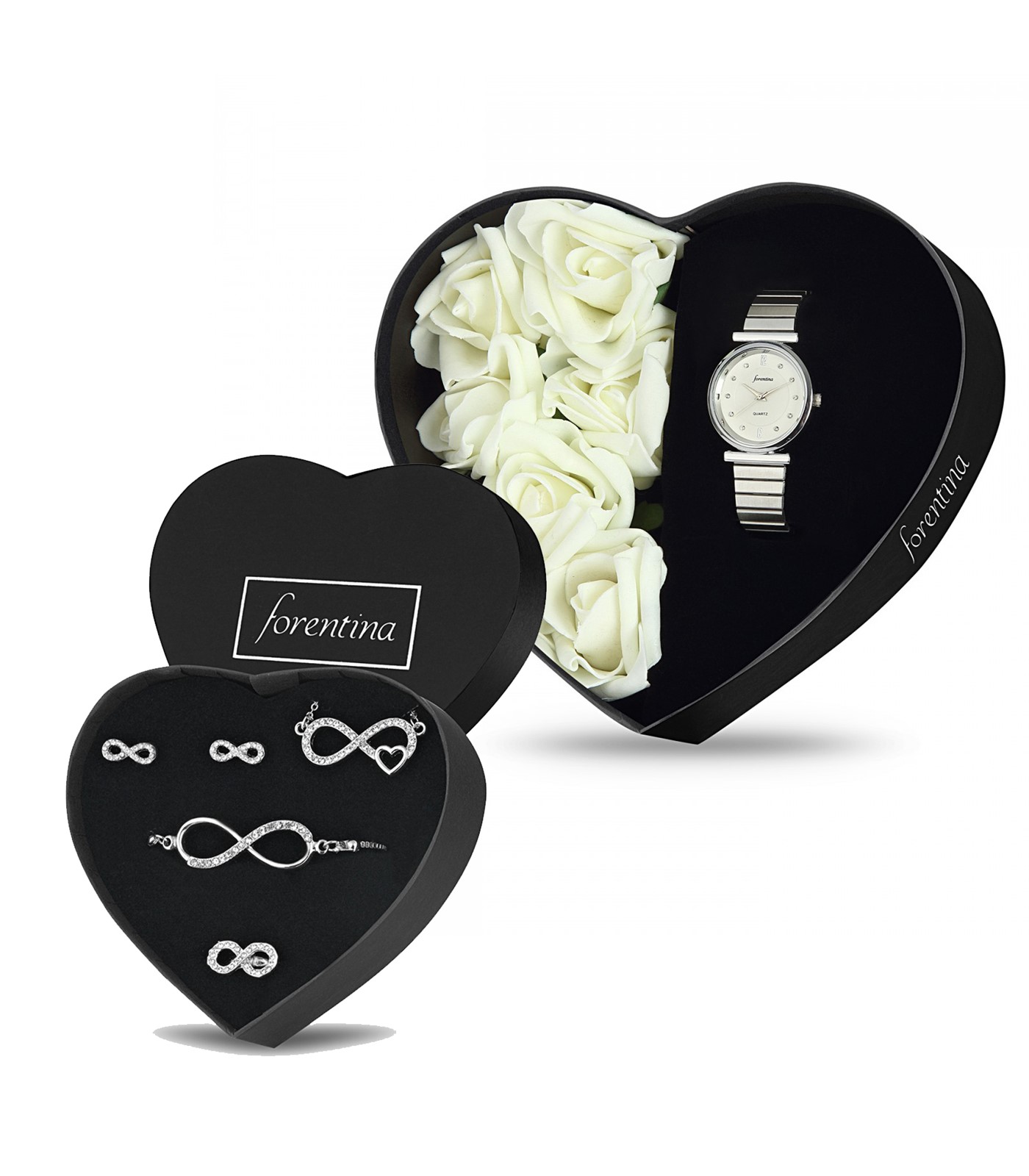 Forentina Beyaz Güllü Kutuda Beyaz Bayan Kol Saati - Sonsuzluk Takı Seti PS2694