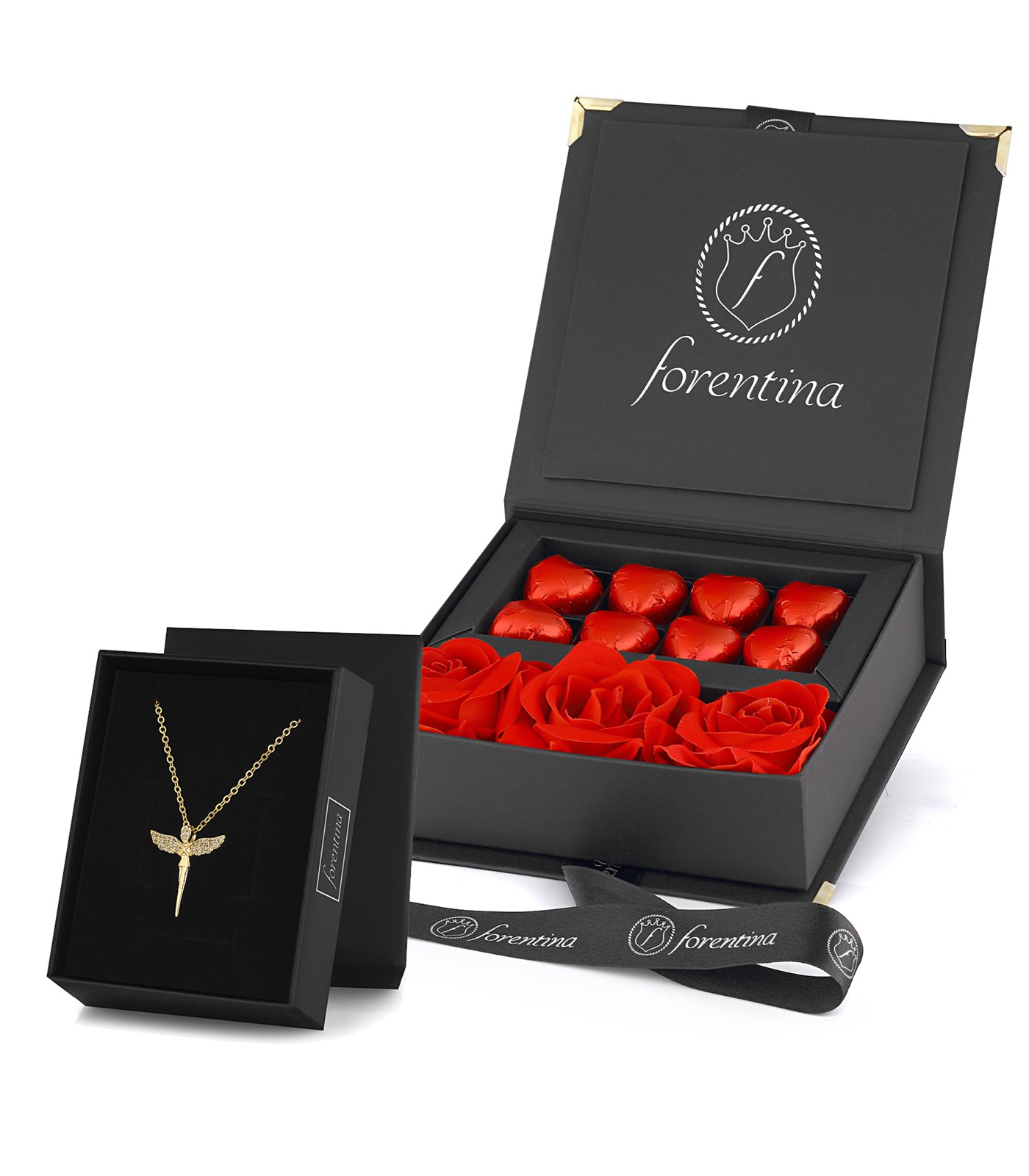 Forentina Altın Kap. Melek Kolye Çikolata & Kadife Kırmızı Gül Hediye Set PS2696