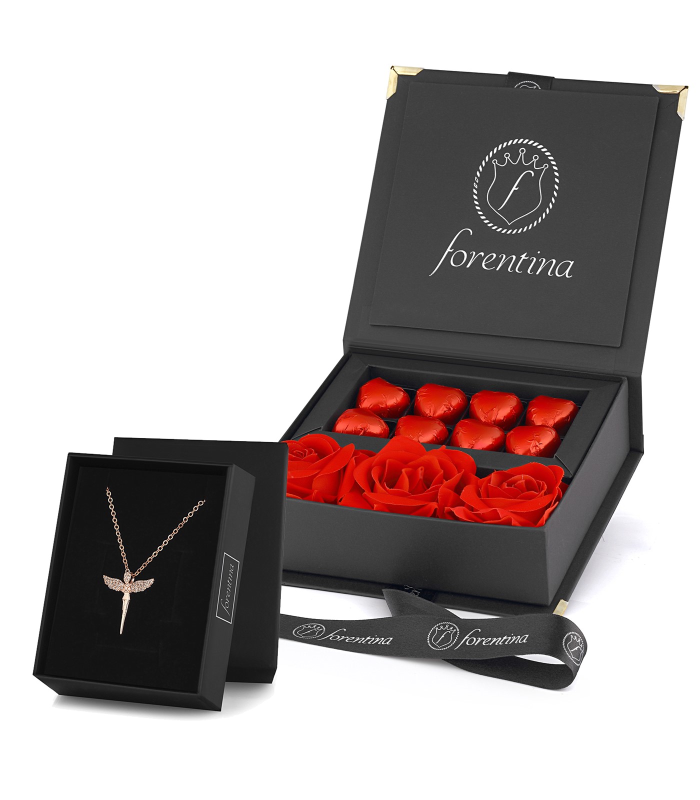Forentina Rose Melek Kolye Çikolata & Kadife Kırmızı Gül Hediye Set PS2697
