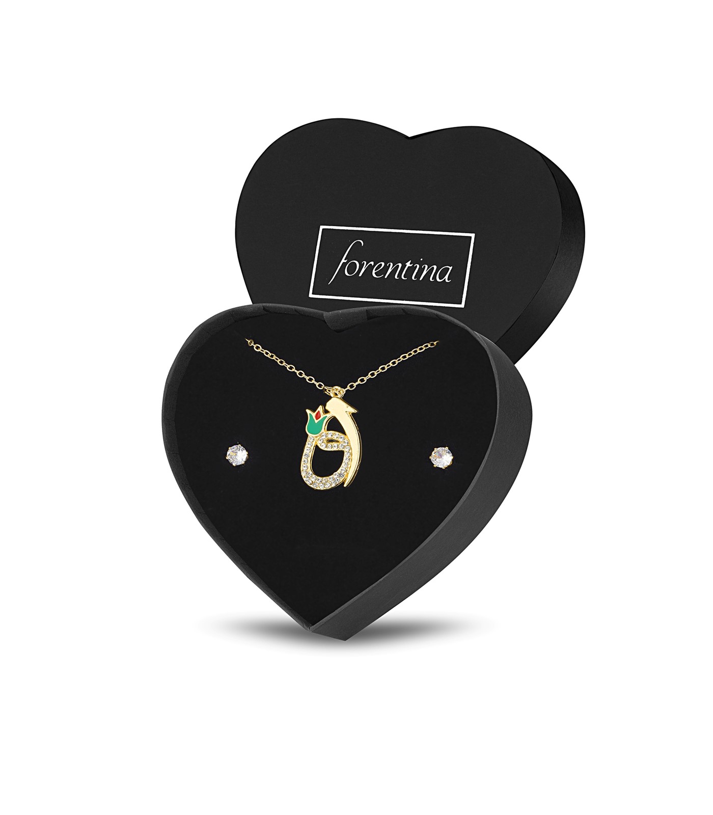 Forentina Lale Figürlü Kolye Tektaş Küpe Set PS2707