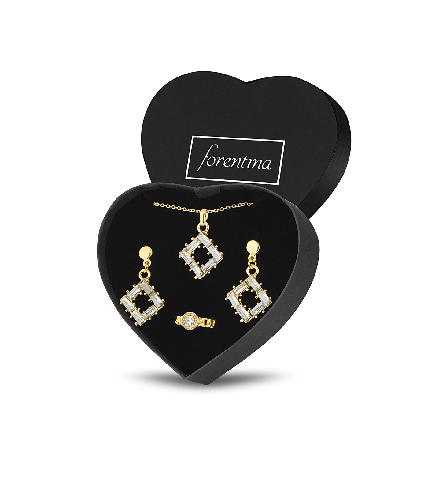 Forentina Altın Kap. Baget Taşlı Kolye Küpe Yüzük Takı Seti PS2710