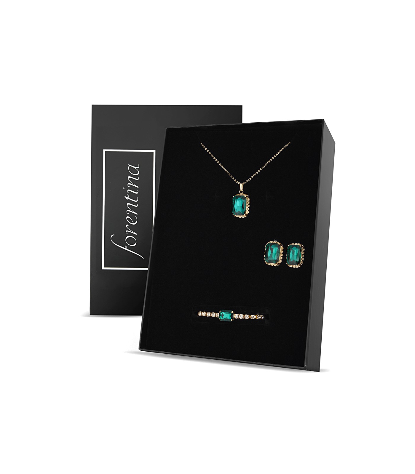 Forentina Yeşil Taşlı Kolye Küpe Bileklik Takı Seti PS2713