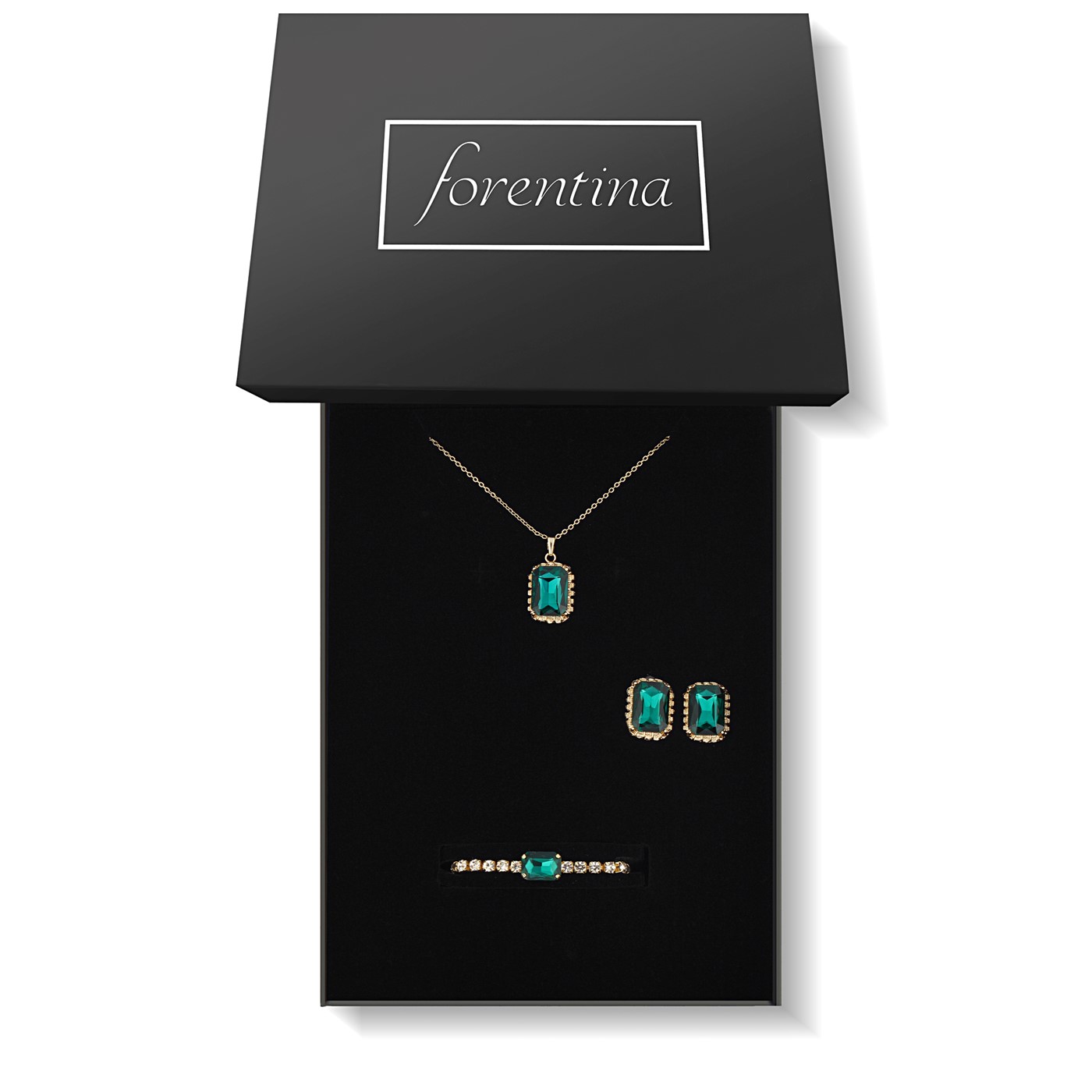 Forentina Yeşil Taşlı Kolye Küpe Bileklik Takı Seti PS2713