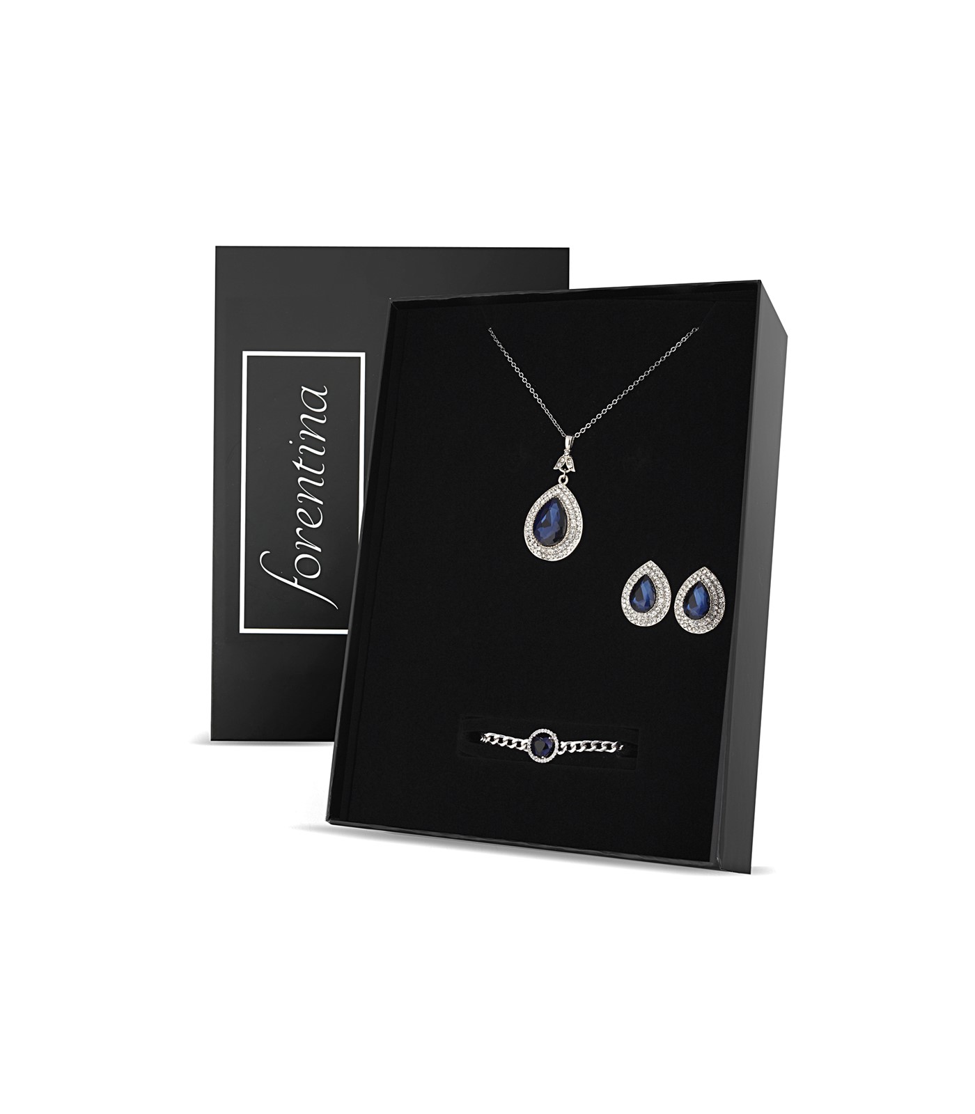 Forentina Lacivert Taşlı Kolye Küpe Bileklik Takı Set PS2714