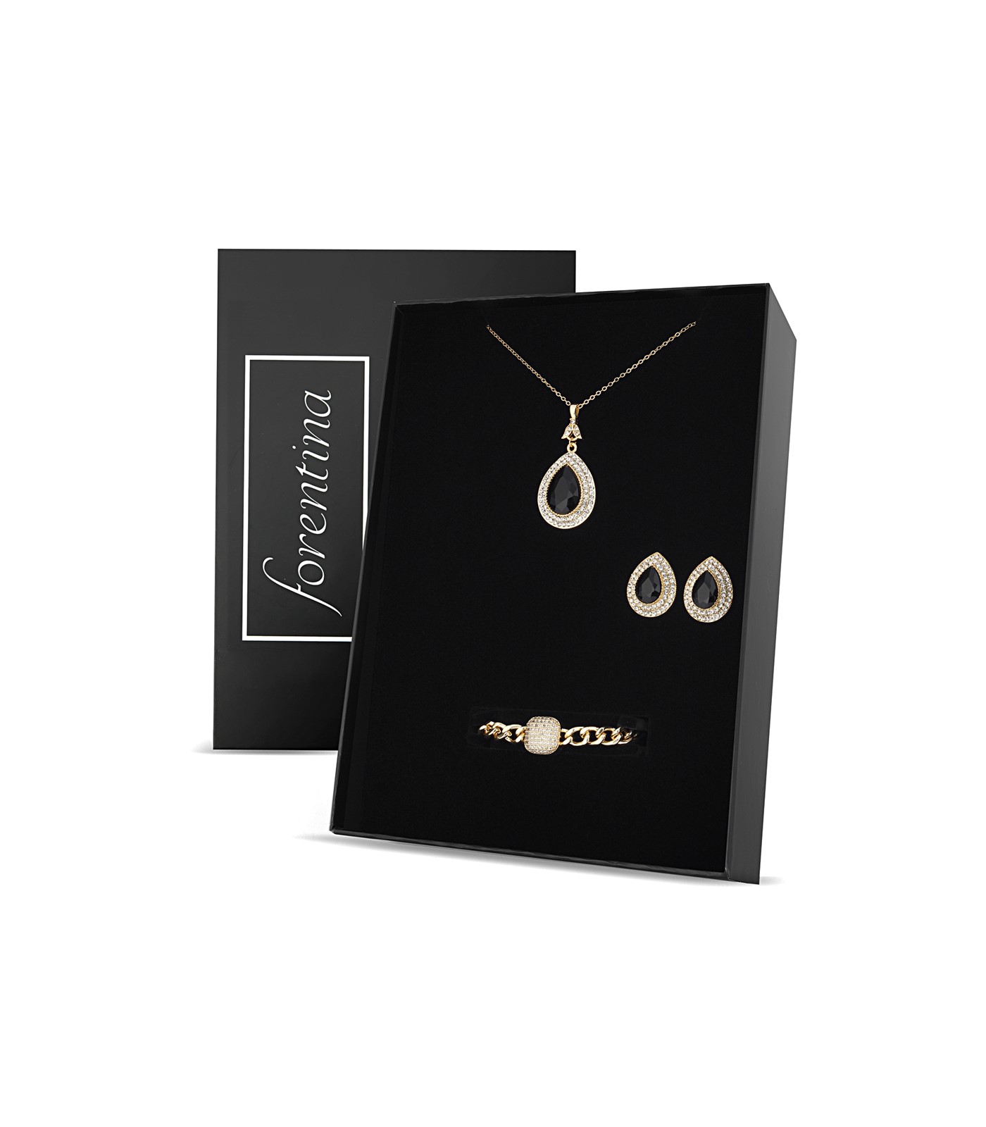 Forentina Siyah Taşlı Kolye Küpe Bileklik Takı Seti PS2715