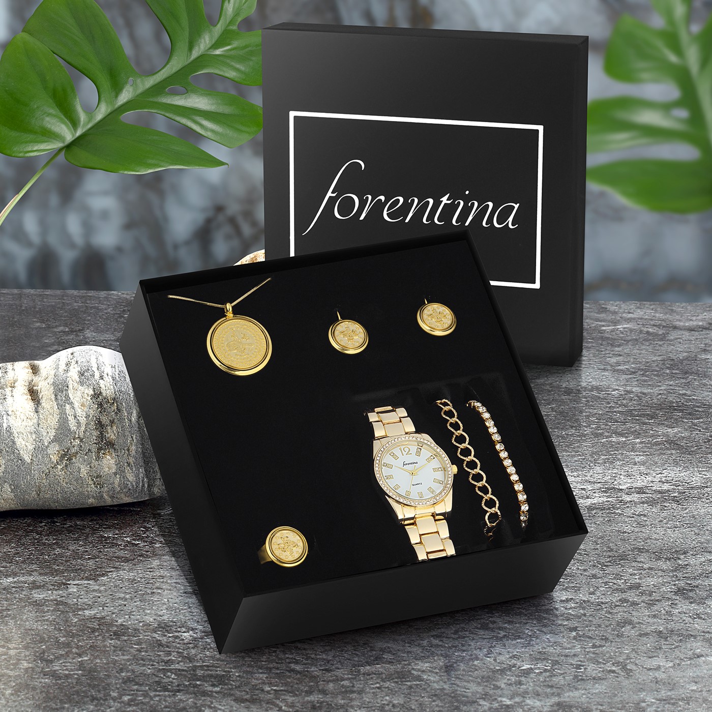 Forentina Tuğra Kolye Küpe Bileklik Yüzük Saat - Hediye Set PS2716