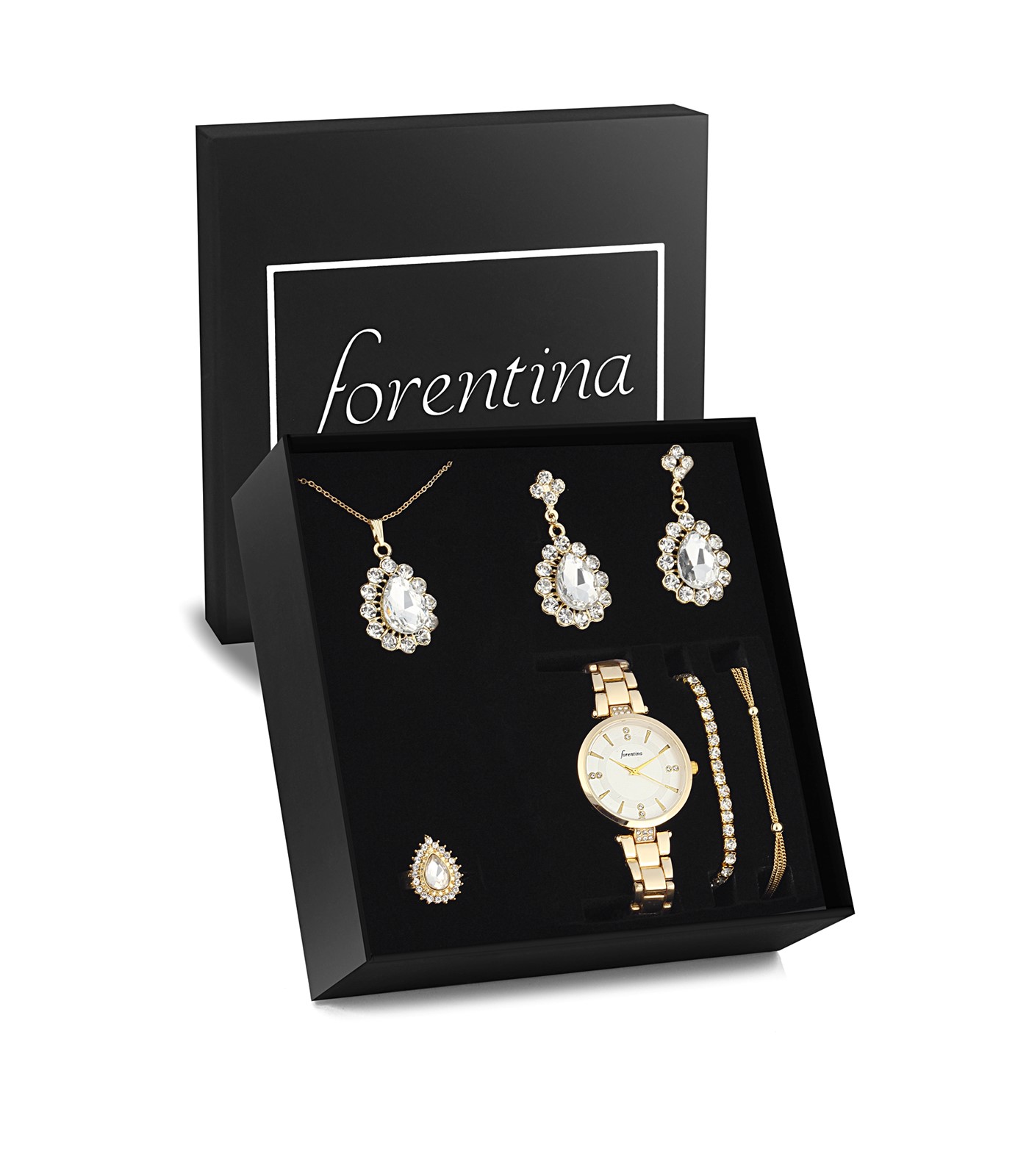 Forentina Beyaz Taşlı Kolye Küpe Yüzük Bileklik Saat - Hediye Set PS2719