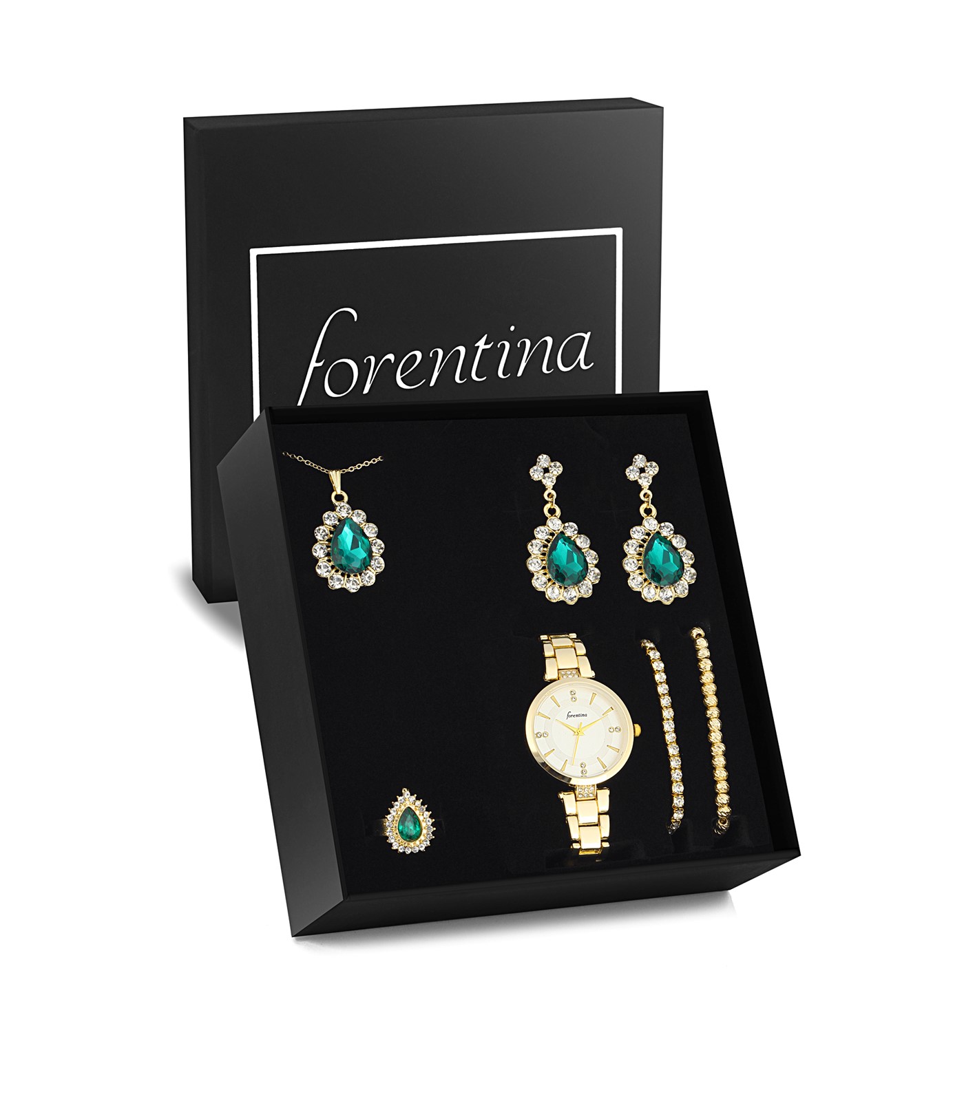 Forentina Altın Kap. Yeşil Taşlı Kolye Küpe Bilekik Yüzük Saat - Hediye Set PS2720