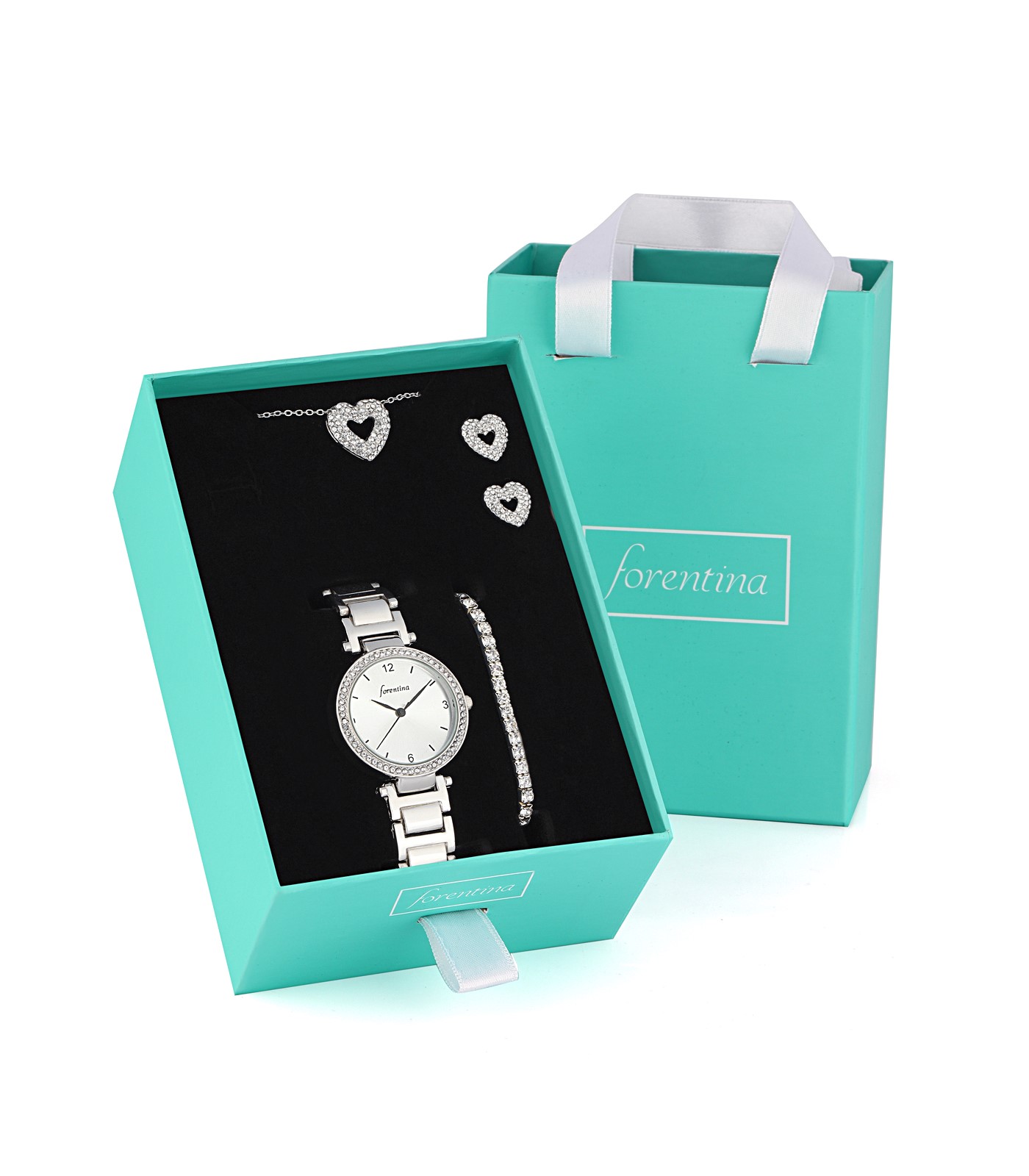 Forentina Gümüş Kaplama Kalp Kolye Küpe Bileklik Saat Hediye Seti PS2723