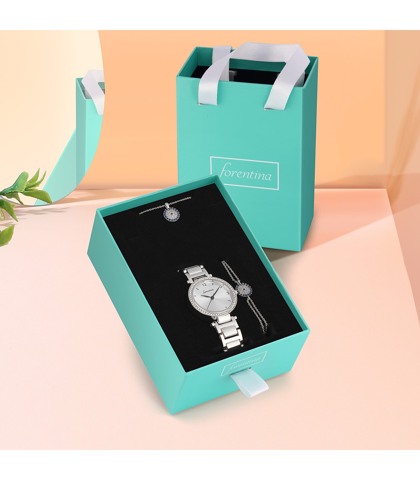 Forentina Gümüş Kaplama Nazar Boncuk Kolye Bileklik Saat Hediye Set PS2724
